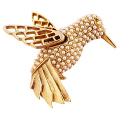 Gold Flying Hummingbird Figural Brooch With Seed Pearl Pavé By Hargo, 1950s