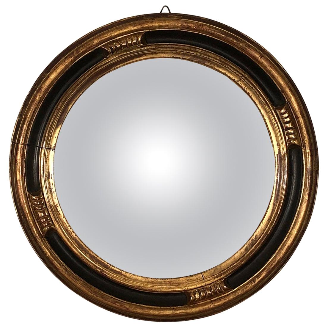 Gold Foil and Black Lacquered Details Rounded Mirror Convex Glass, France, 1950s