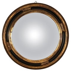 Vintage Gold Foil and Black Lacquered Details Rounded Mirror Convex Glass, France, 1950s