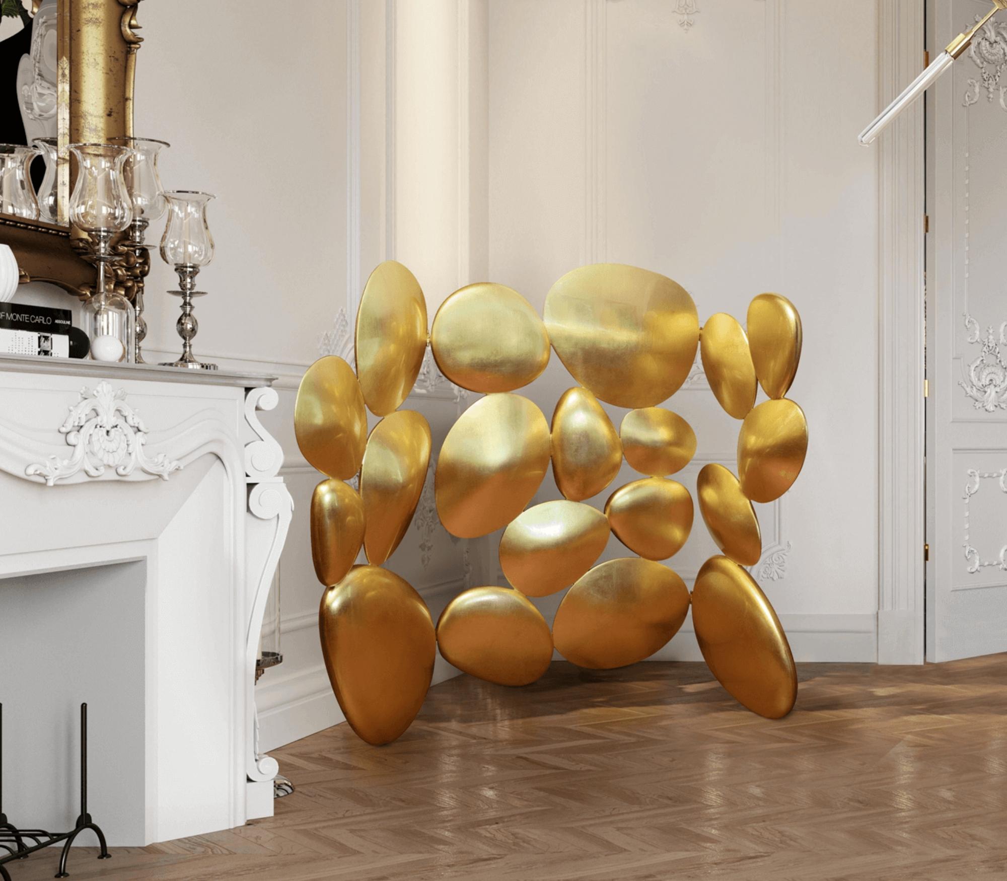 Gold Folding Screen - Hand Molded Fiberglass & Gold Leaf Wood - Boca do Lobo For Sale 3