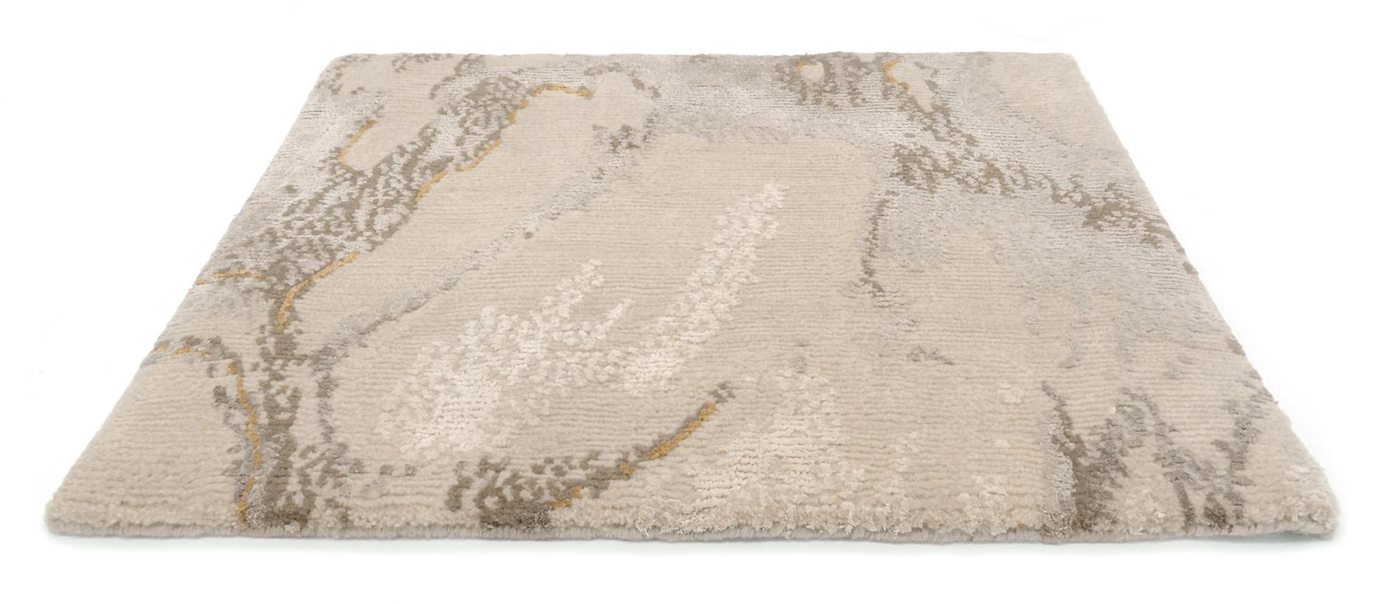 Contemporary Tapis Rouge Gold Forest Round Rug - Beige White Hand Knotted Wool Bamboo Silk  For Sale