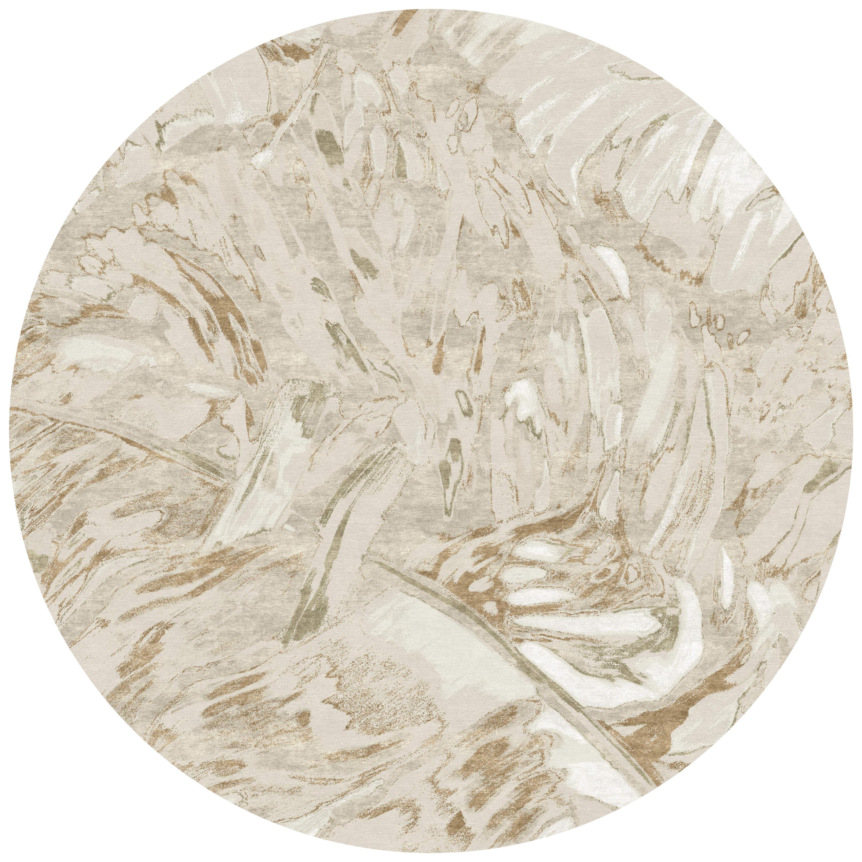 Tapis Rouge Gold Forest Round Rug - Beige White Hand Knotted Wool Bamboo Silk  For Sale