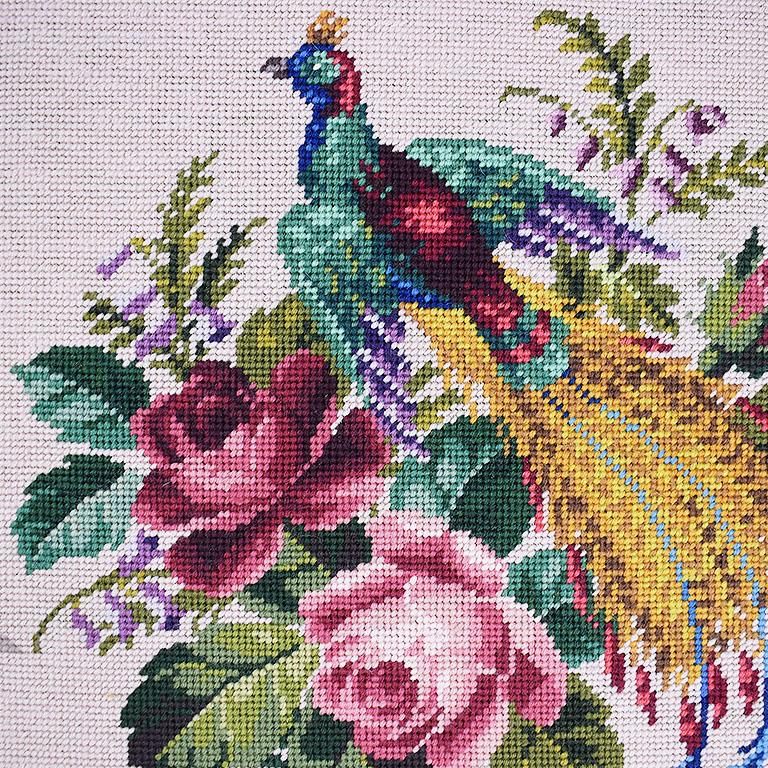 Folk Art Gold Framed Embroidered Needlepoint Floral and Peacock Wall Hanging For Sale