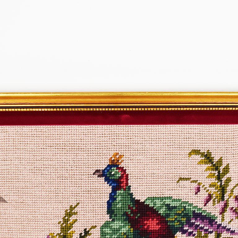 American Gold Framed Embroidered Needlepoint Floral and Peacock Wall Hanging For Sale