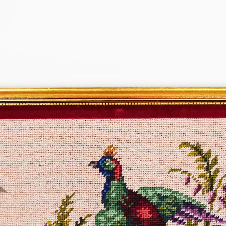 Gold Framed Embroidered Needlepoint Floral and Peacock Wall Hanging For