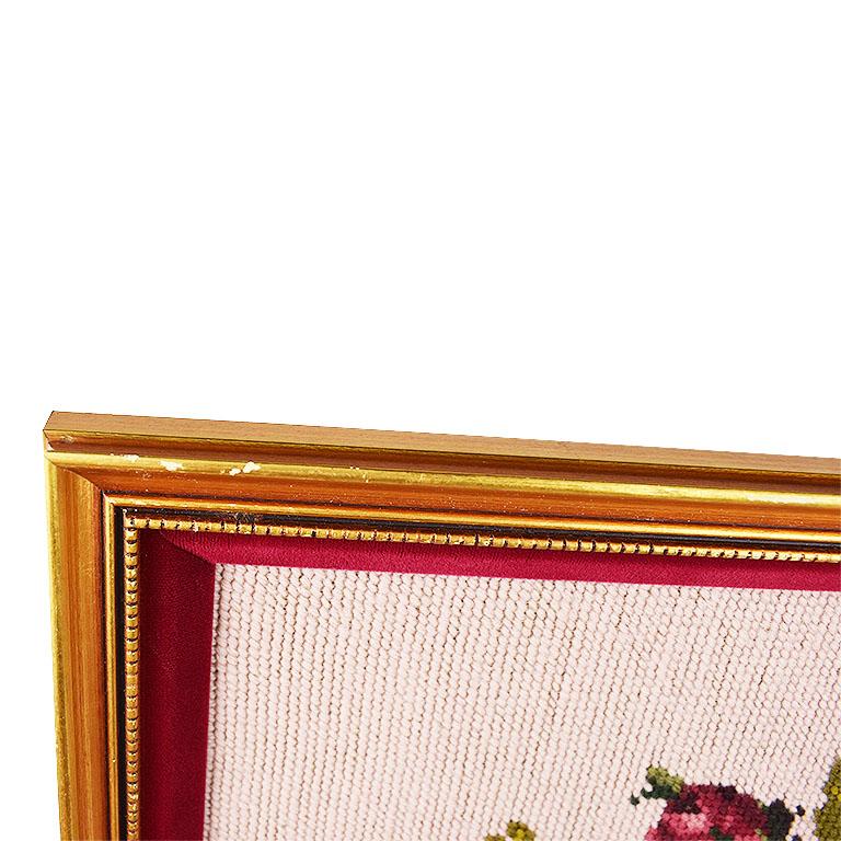 Gold Framed Embroidered Needlepoint Floral and Peacock Wall Hanging In Good Condition For Sale In Oklahoma City, OK