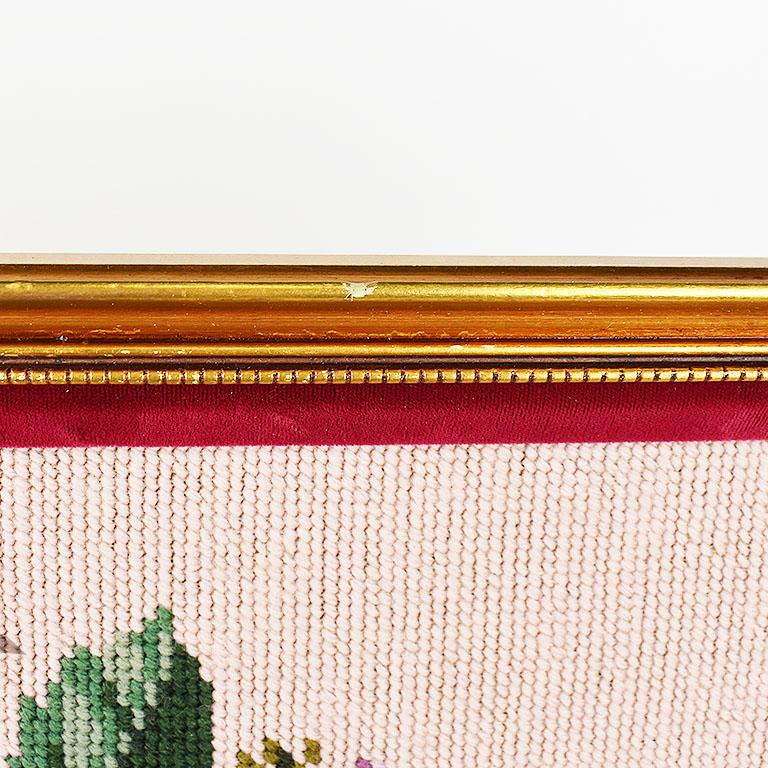 20th Century Gold Framed Embroidered Needlepoint Floral and Peacock Wall Hanging For Sale