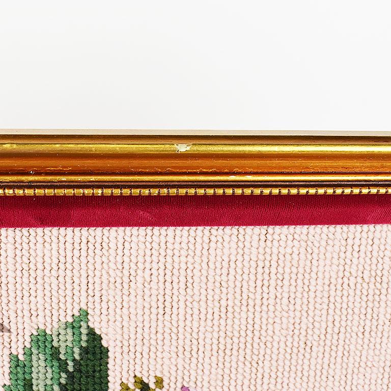 Gold Framed Embroidered Needlepoint Floral and Peacock Wall Hanging For