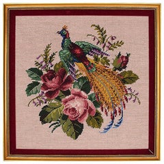 Gold Framed Embroidered Needlepoint Floral and Peacock Wall Hanging