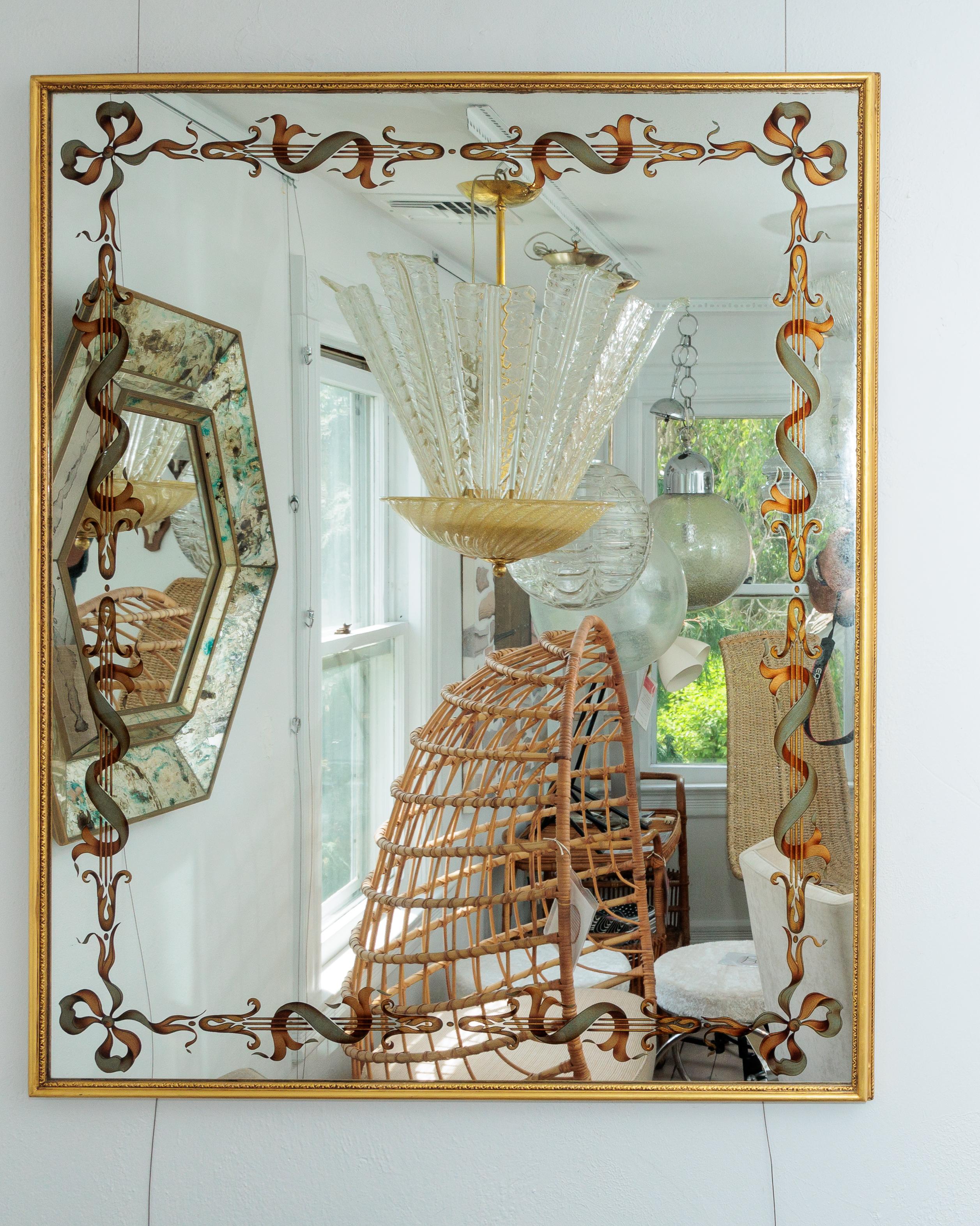 Gold Framed Reverse Painted Mirror In Good Condition For Sale In Bridgehampton, NY