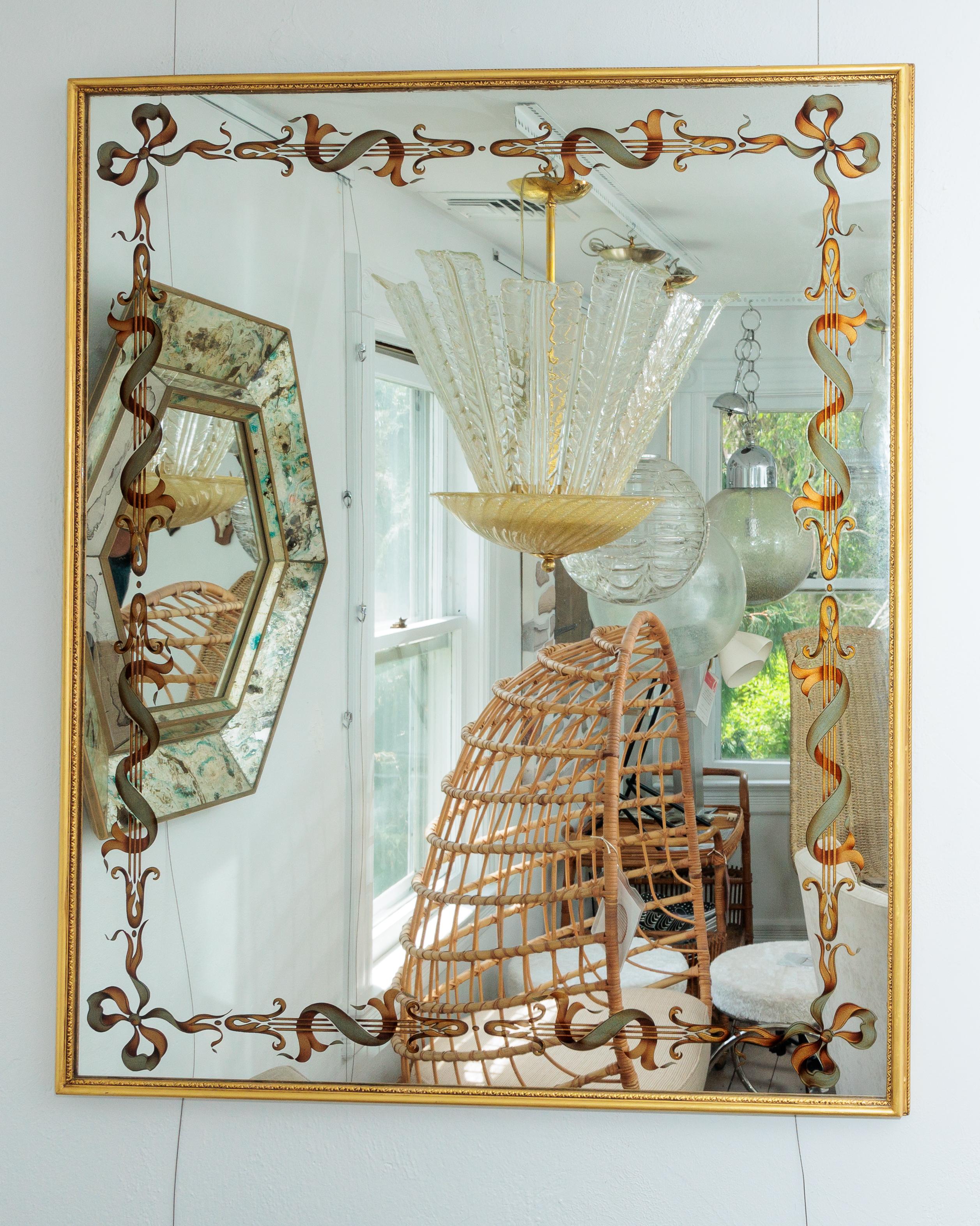 20th Century Gold Framed Reverse Painted Mirror For Sale