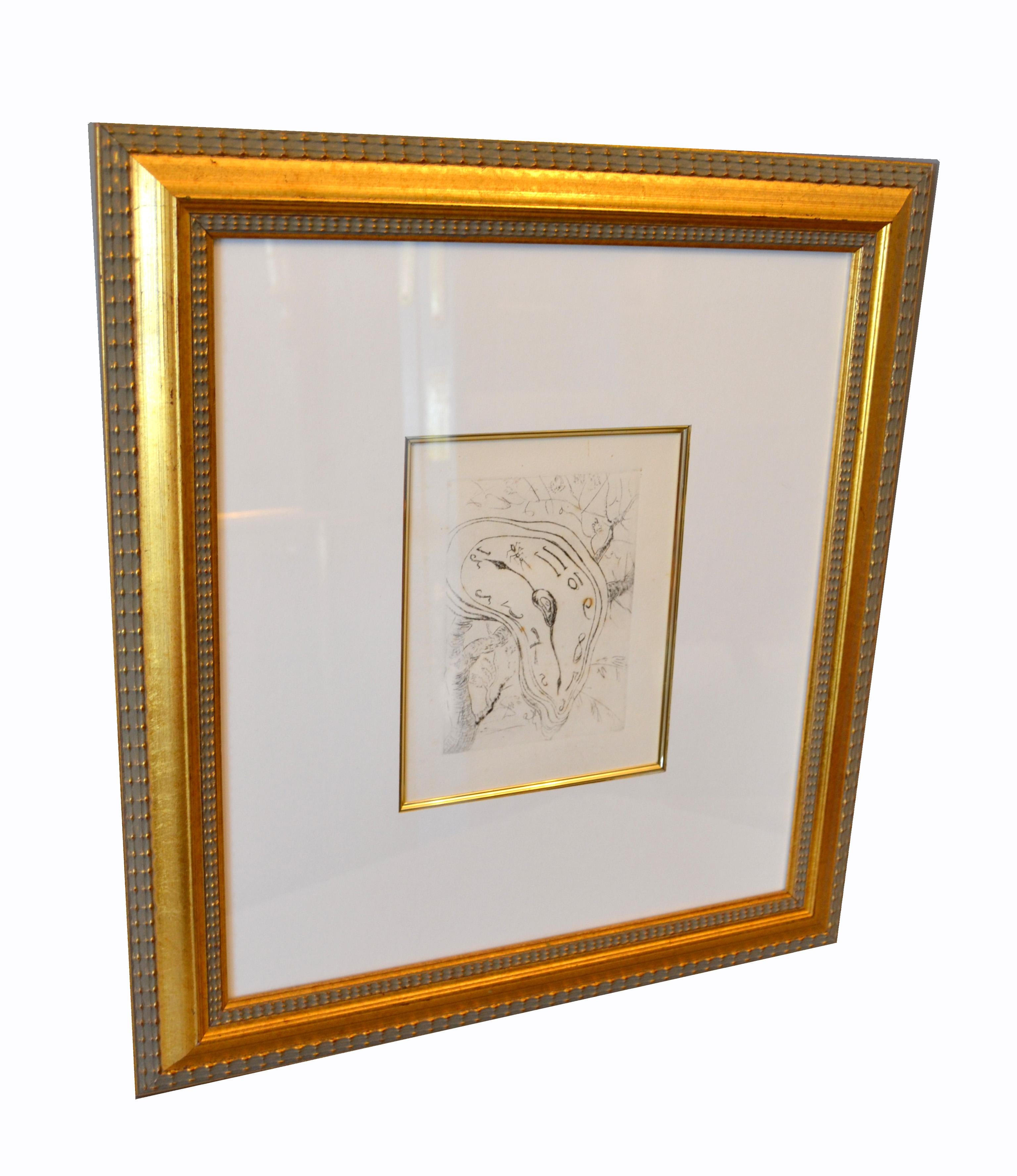 Gold Framed Salvador Dali Style Etching Print Melting Clock 2