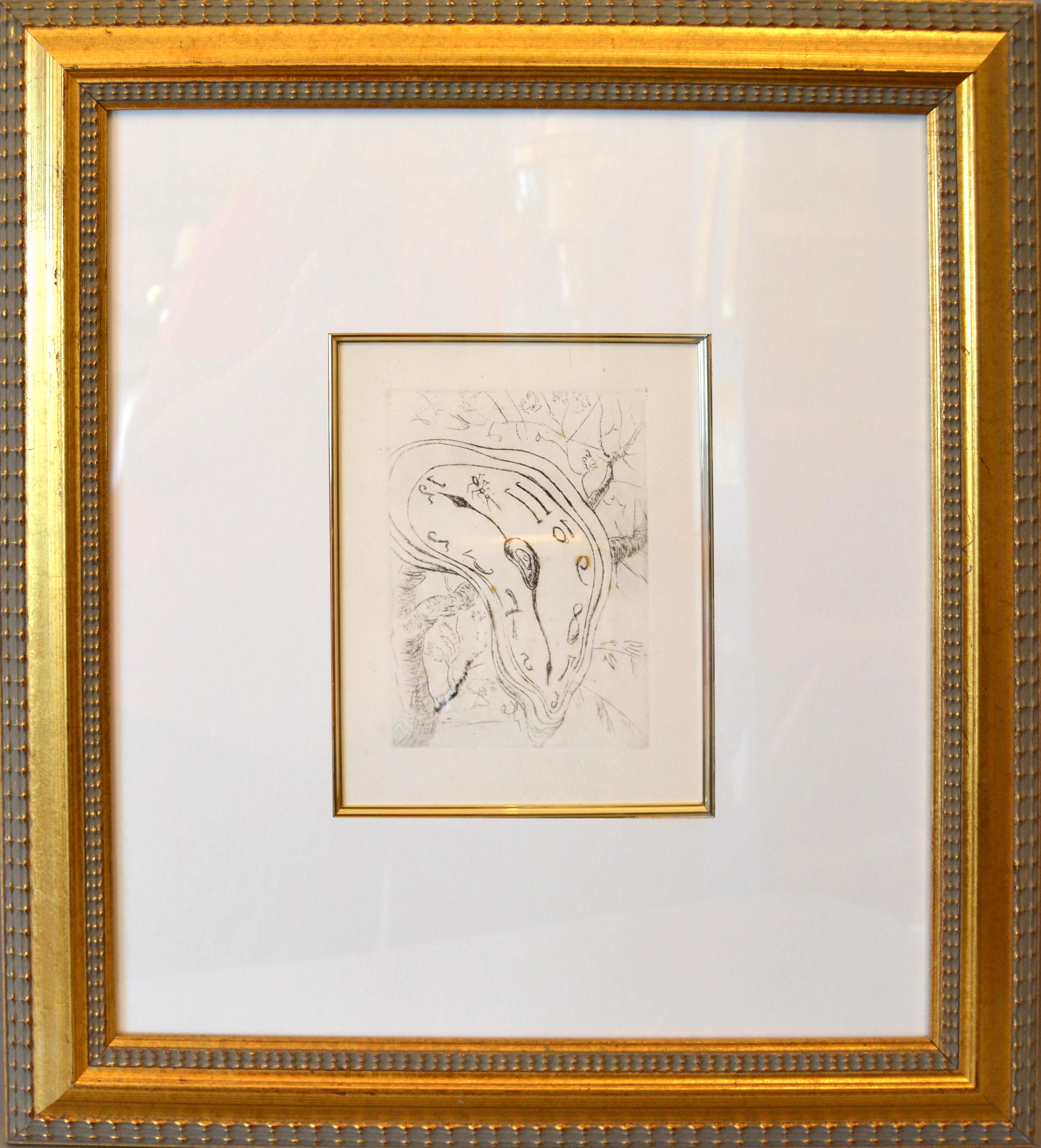 Framed inspired after Salvador Dali Etching, Print titled melting clock.
The Artwork comes with a gorgeous golden wooden frame.
Signed inside the plate by Artist.

Image size: 7 x 8.75 inches
Frame size: 20 x 22 inches.