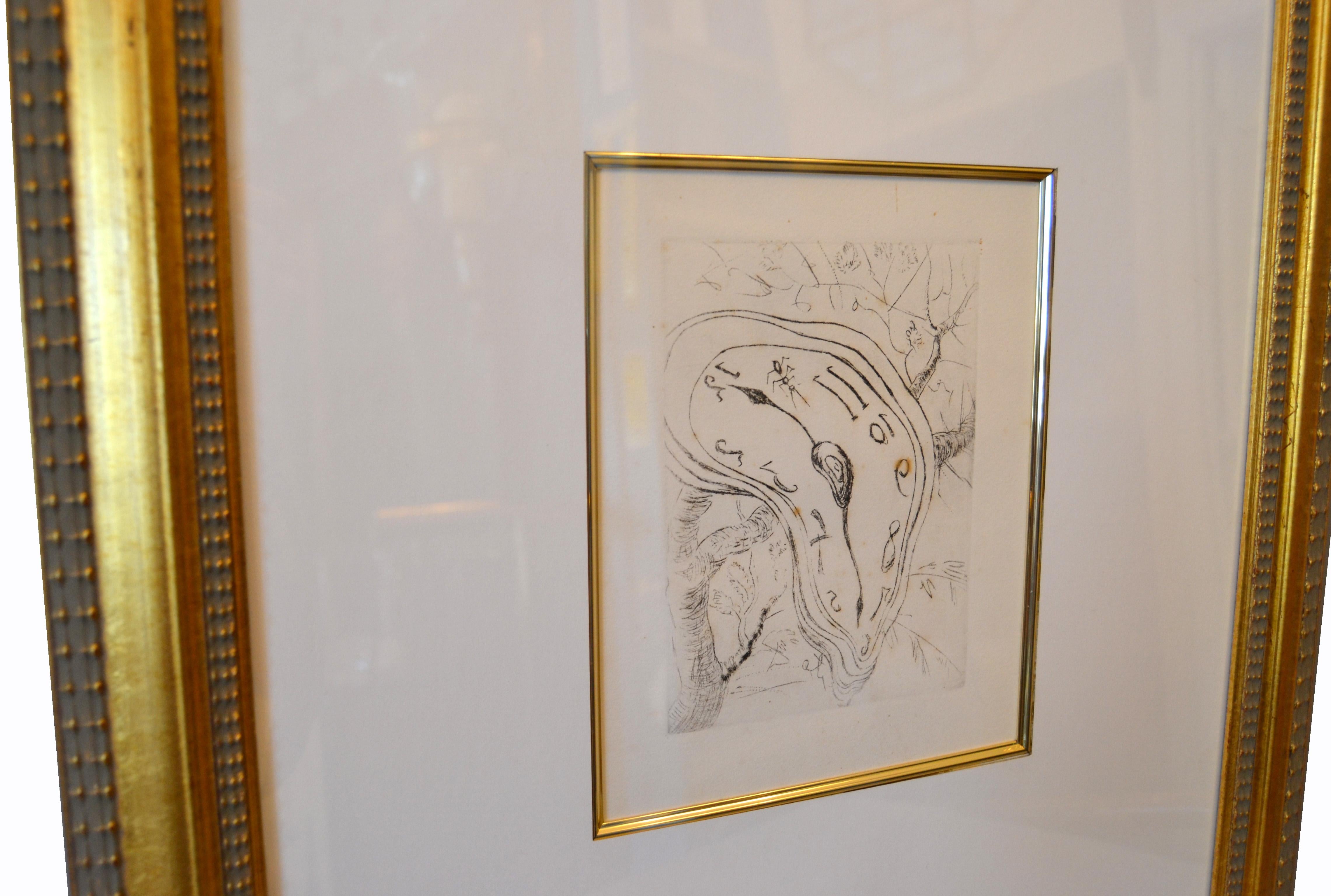 Mid-Century Modern Gold Framed Salvador Dali Style Etching Print Melting Clock