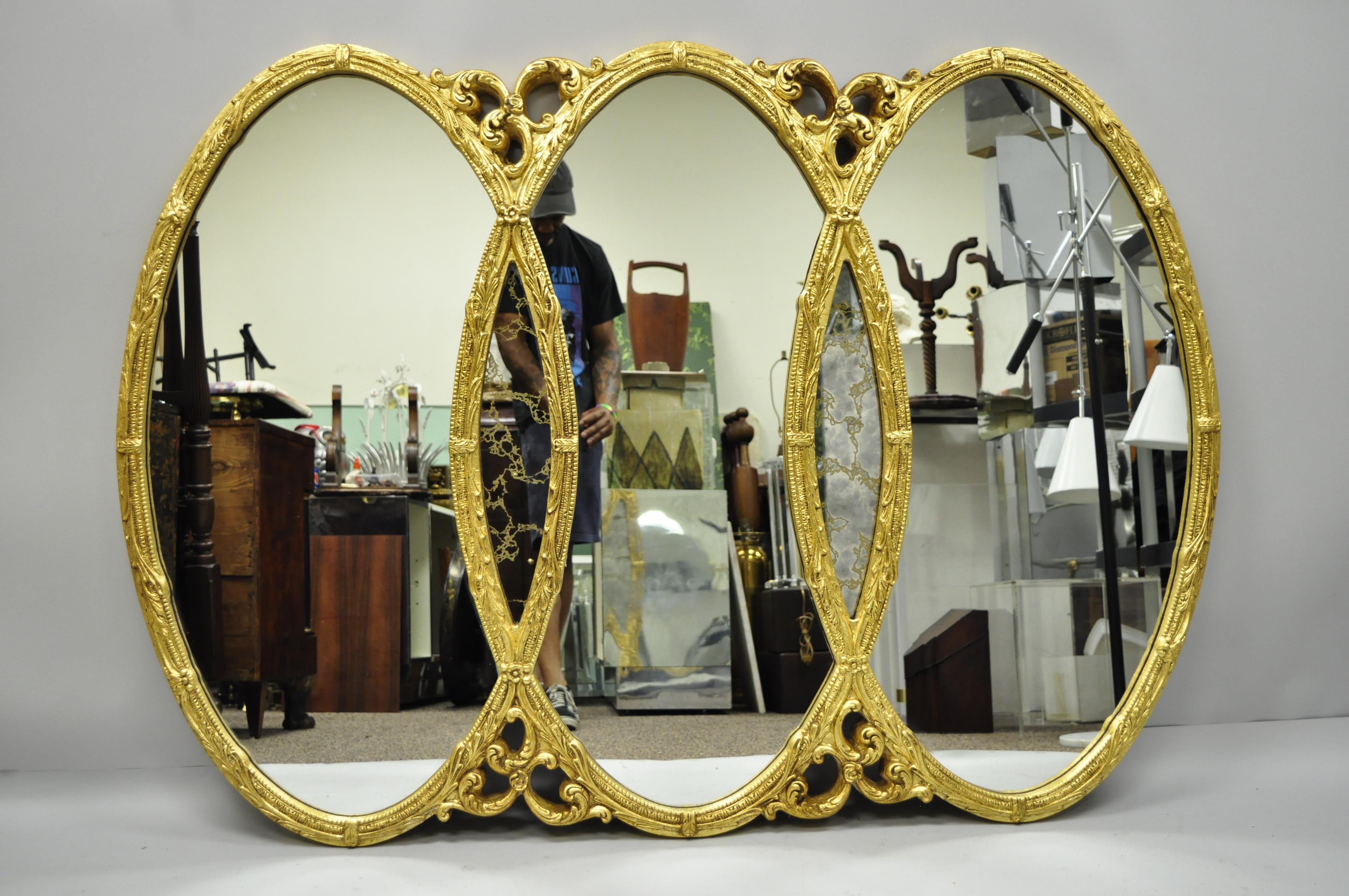 Gold French Hollywood Regency Triptych Triple Interlocking Oval Wall Mirror 2