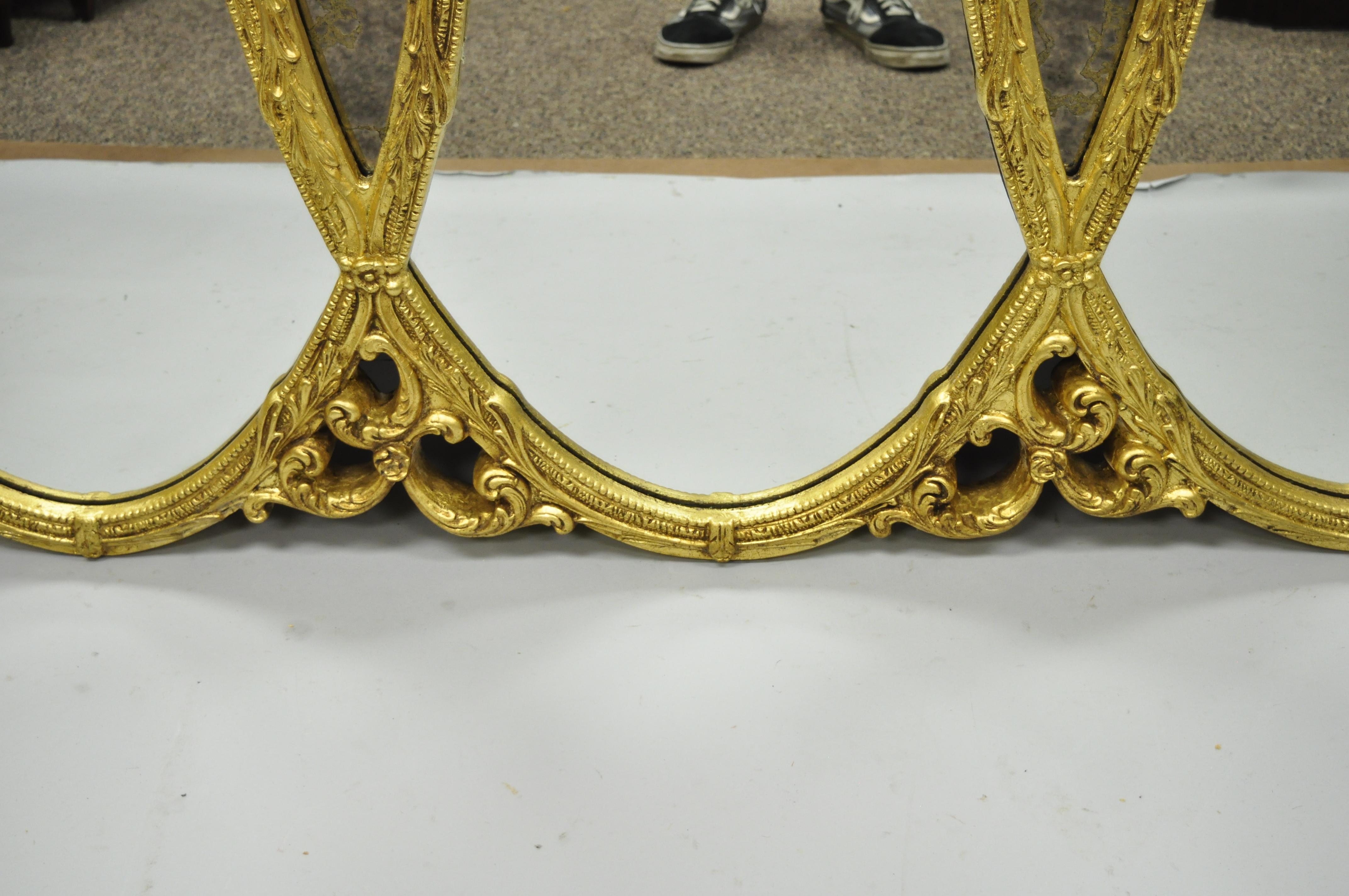 Gold French Hollywood Regency Triptych Triple Interlocking Oval Wall Mirror In Good Condition In Philadelphia, PA