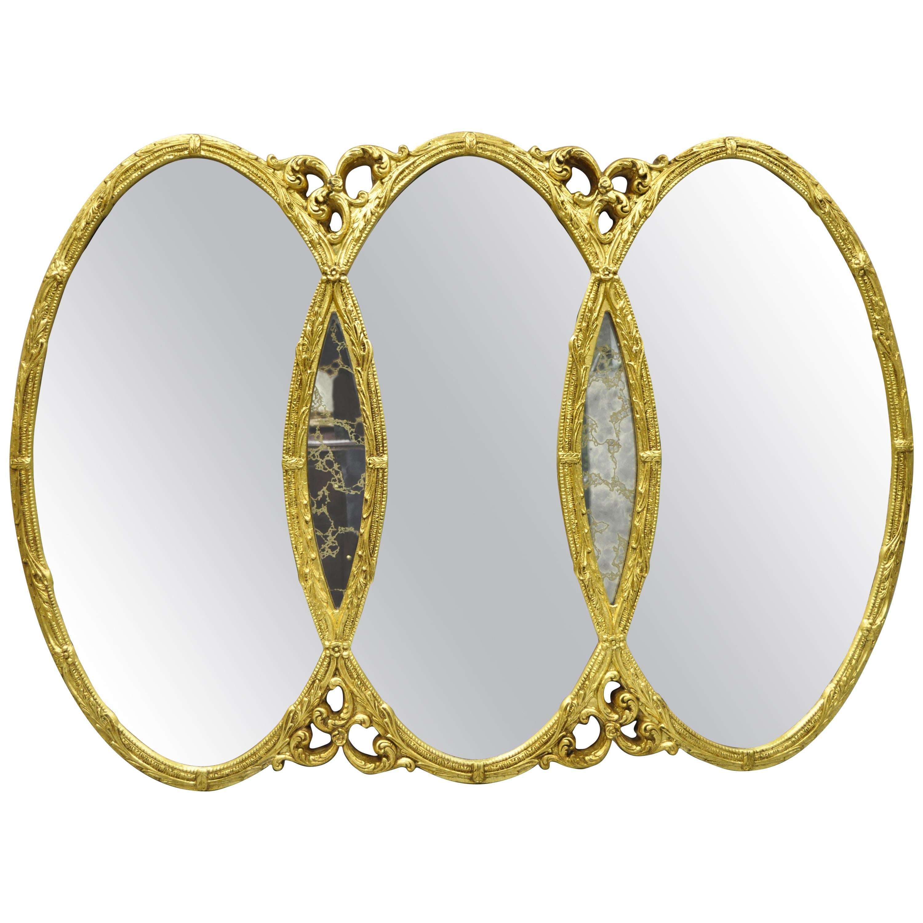 Gold French Hollywood Regency Triptych Triple Interlocking Oval Wall Mirror