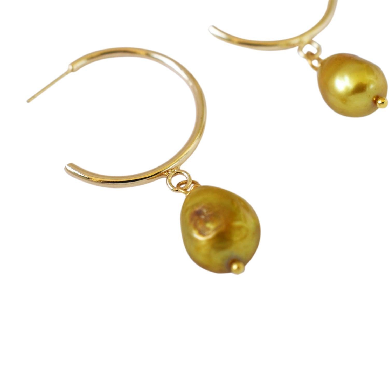 Bead Gold freshwater pearl hoop earrings by Ifemi Jewels For Sale