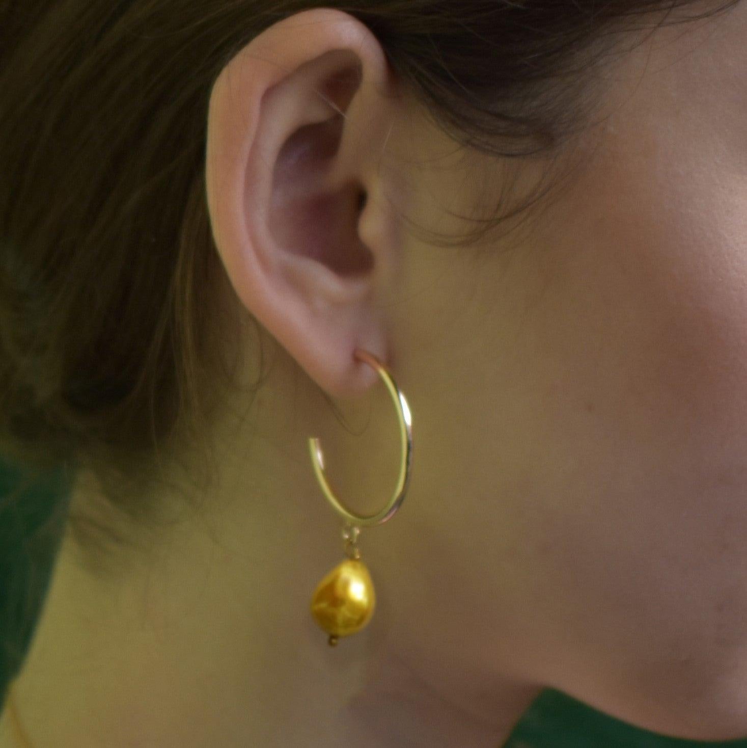Women's Gold freshwater pearl hoop earrings by Ifemi Jewels For Sale