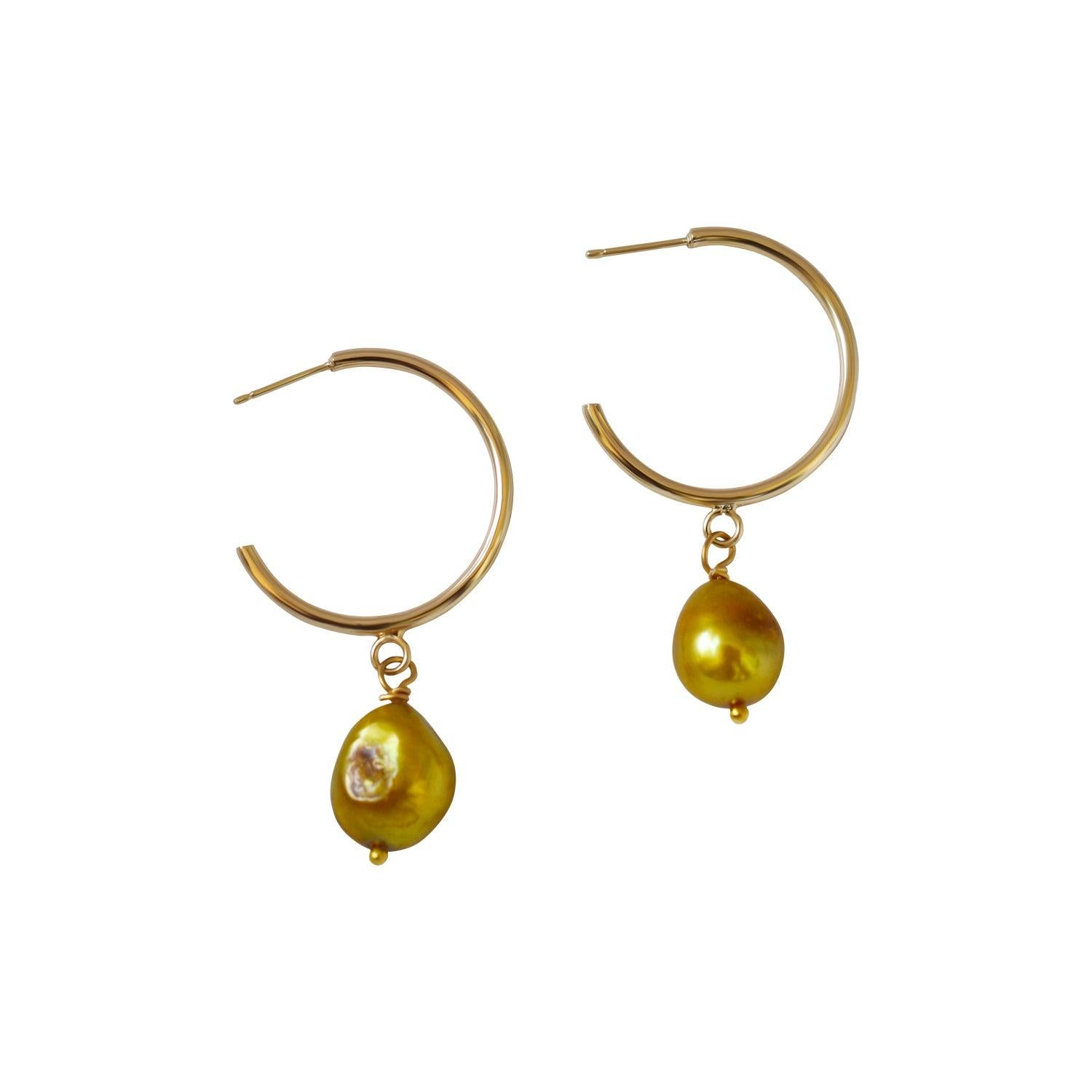 Gold freshwater pearl hoop earrings by Ifemi Jewels For Sale 2