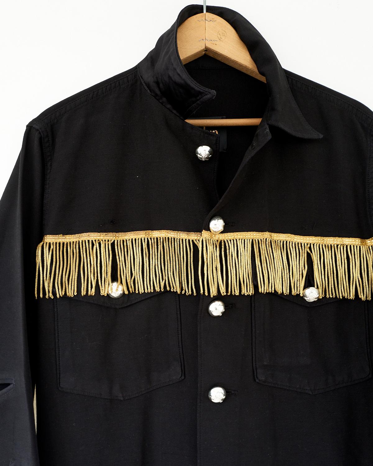 Embellished Oversize French Vintage Gold Fringes Jacket Black Military 100% Cotton Silver Button Black Duchesse Silk Reinforcements, Open Elbow.
Brand: J Dauphin
Size: S/M
Sustainable Luxury, Collectible Vintage Upcycled and Re-purposed

Our one of