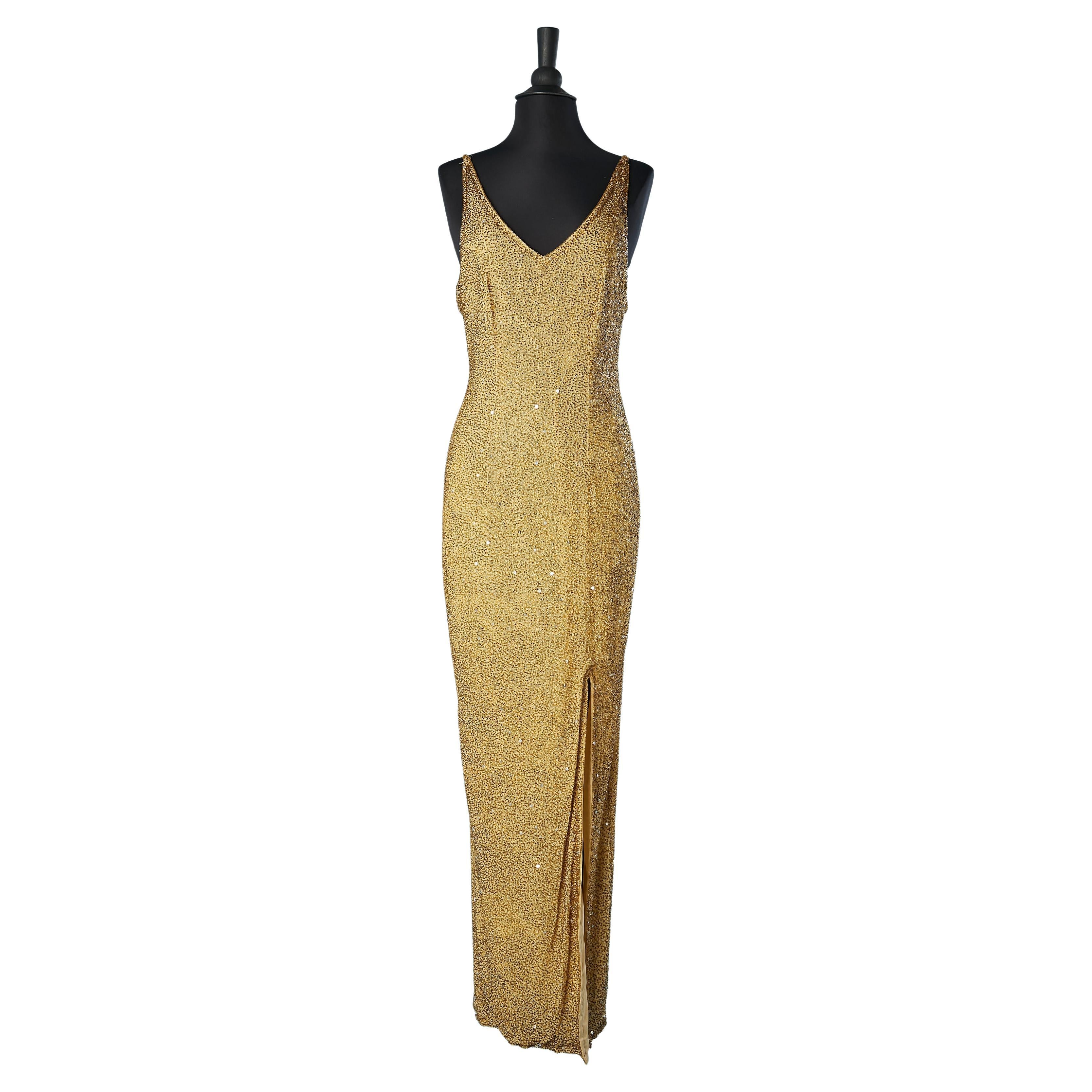 Gold full beaded evening dress entirely hand crafted SCALA NEW  For Sale