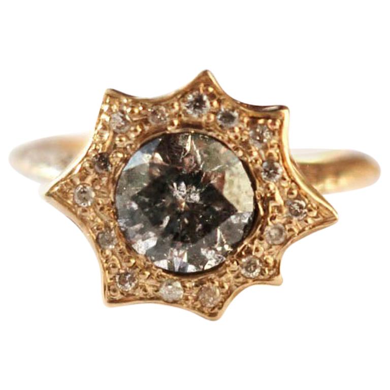 Gold Galaxy and Champagne Diamond Halo Burst Ring in 14 Karat Gold For Sale