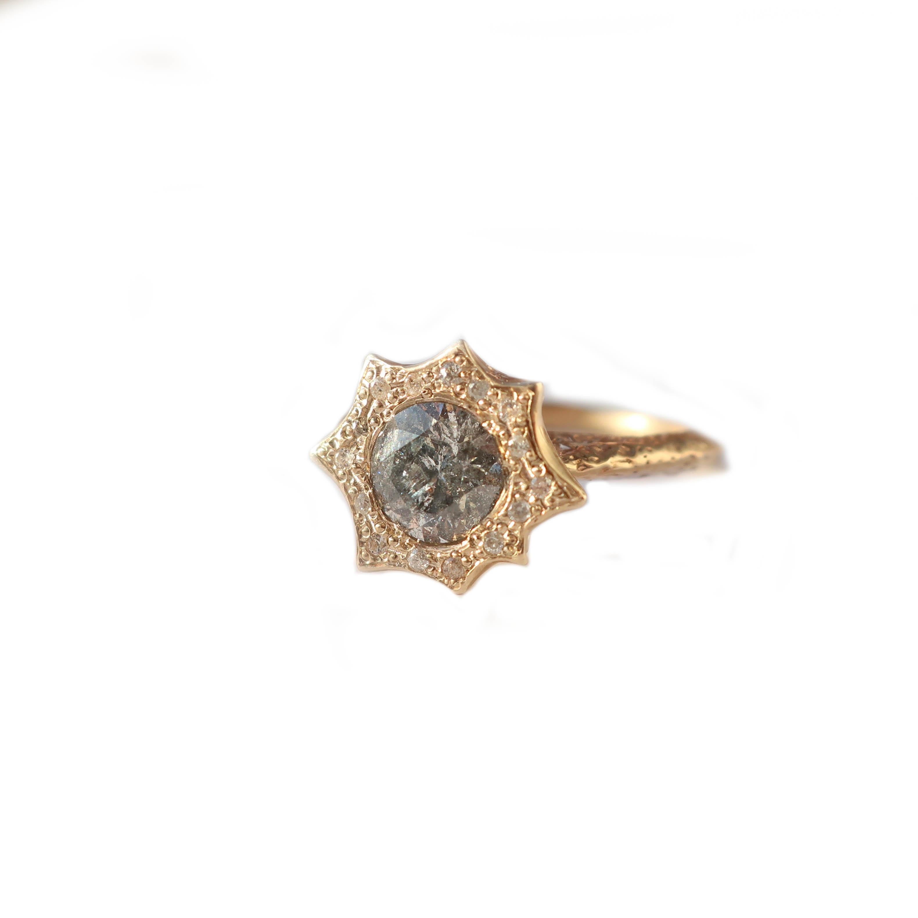 Solid 14K yellow gold ring with a stunning 6mm galaxy diamond with natural inclusions of black and grey. , This ring features natural texturing throughout. A pave champagne diamond halo surrounds the center stone. This piece is one of a kind size