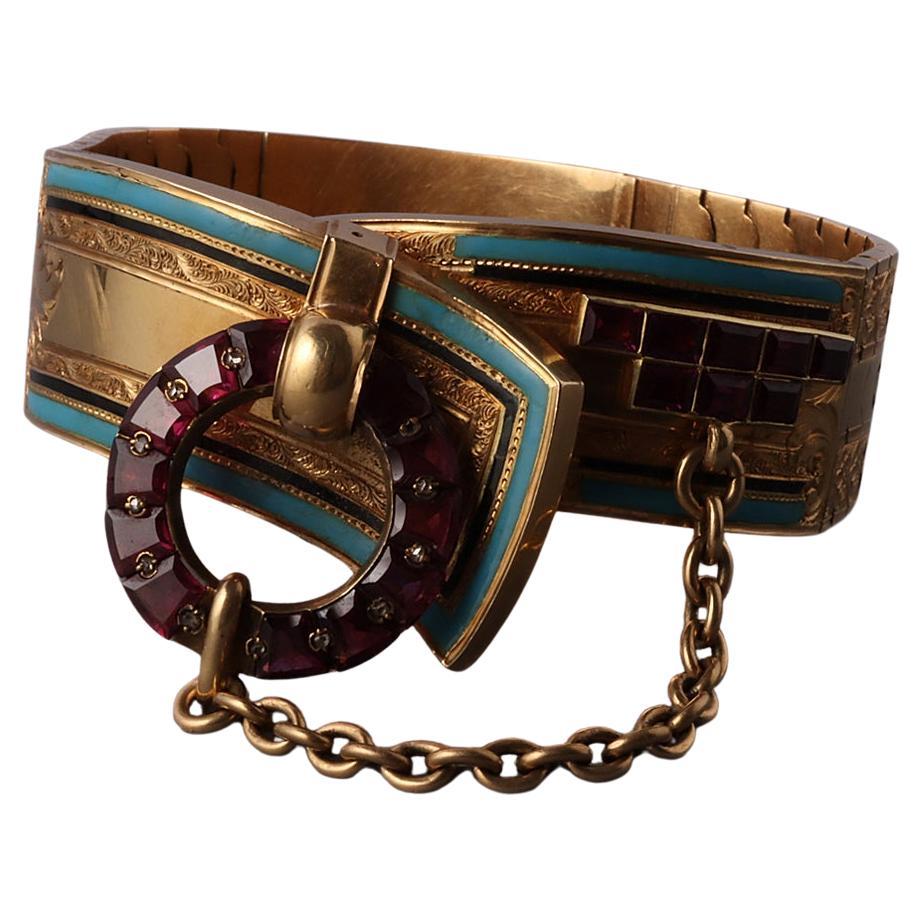 gold garnet and diamond buckle bracelet For Sale