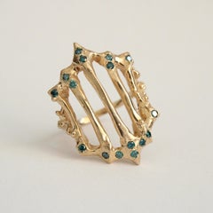 Gothic Gold Gate Ring with Blue Diamonds in 14 Karat Yellow Gold