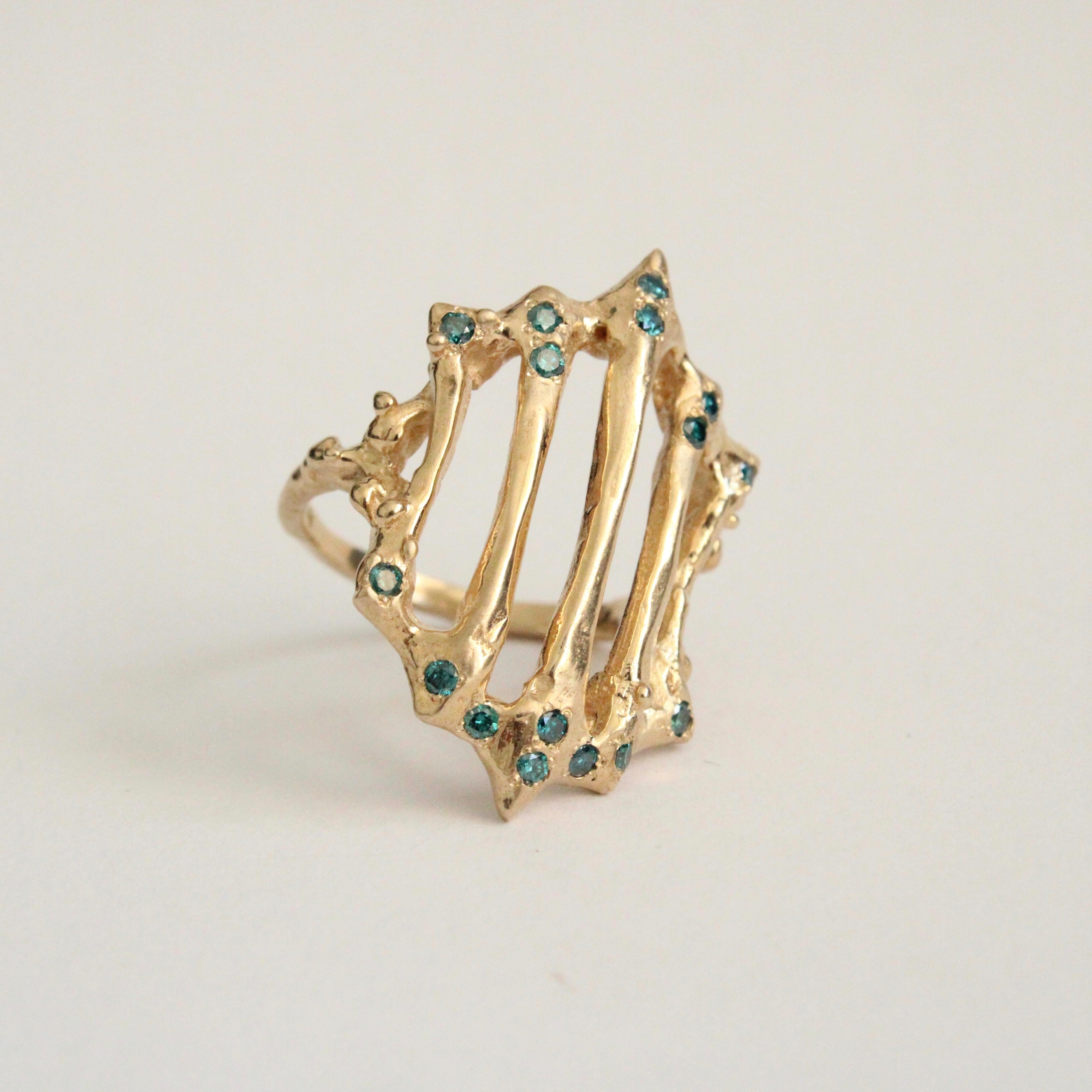 Artist Gothic Gold Gate Ring with Blue Diamonds in 14 Karat Yellow Gold For Sale