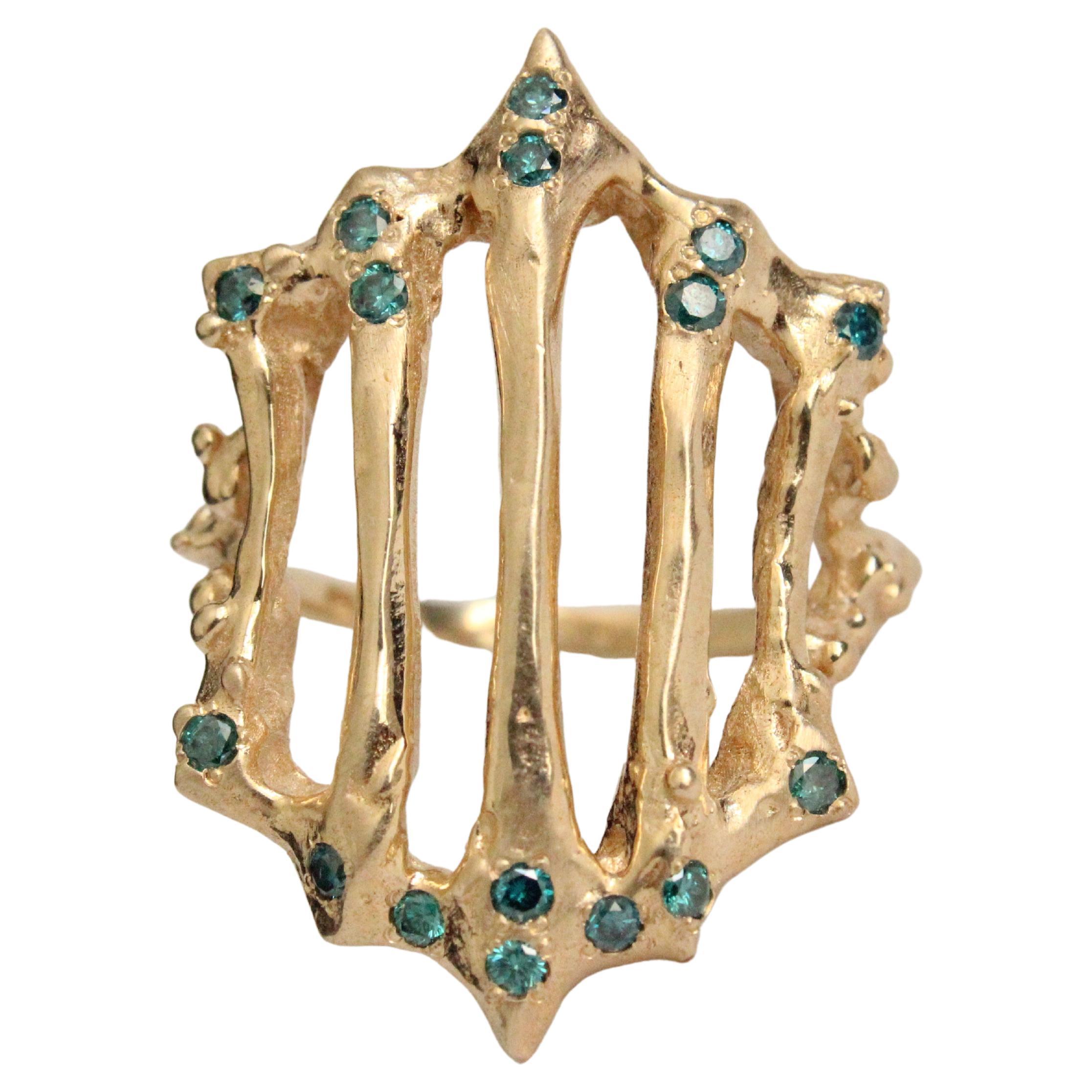 Gothic Gold Gate Ring with Blue Diamonds in 14 Karat Yellow Gold For Sale