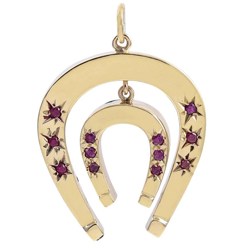 Gold Gemset Double Horse Shoe Pendant or Charm