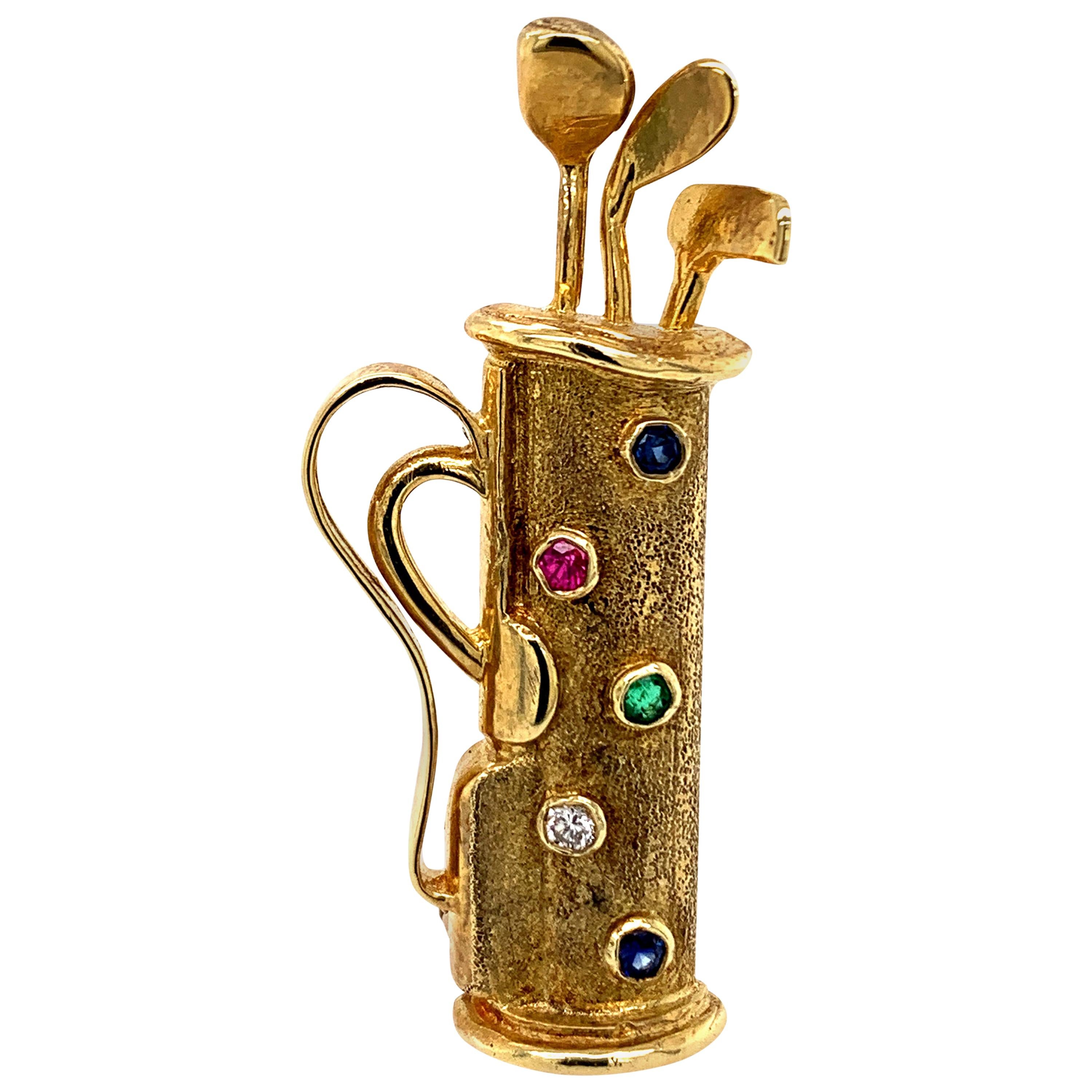 Gold Gemset Golf Club Bag Pin For Sale