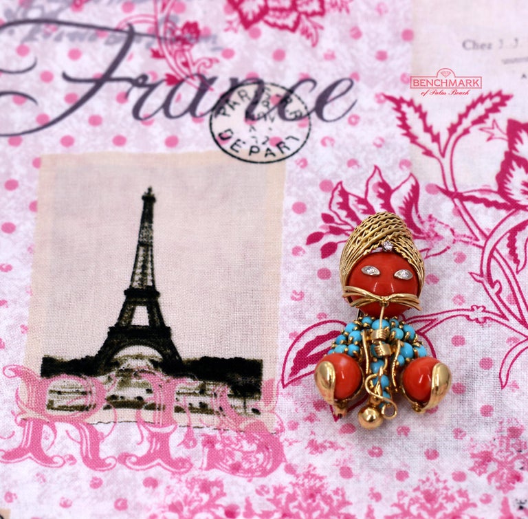 Gold Genie Brooch with Coral and Turquoise at 1stDibs