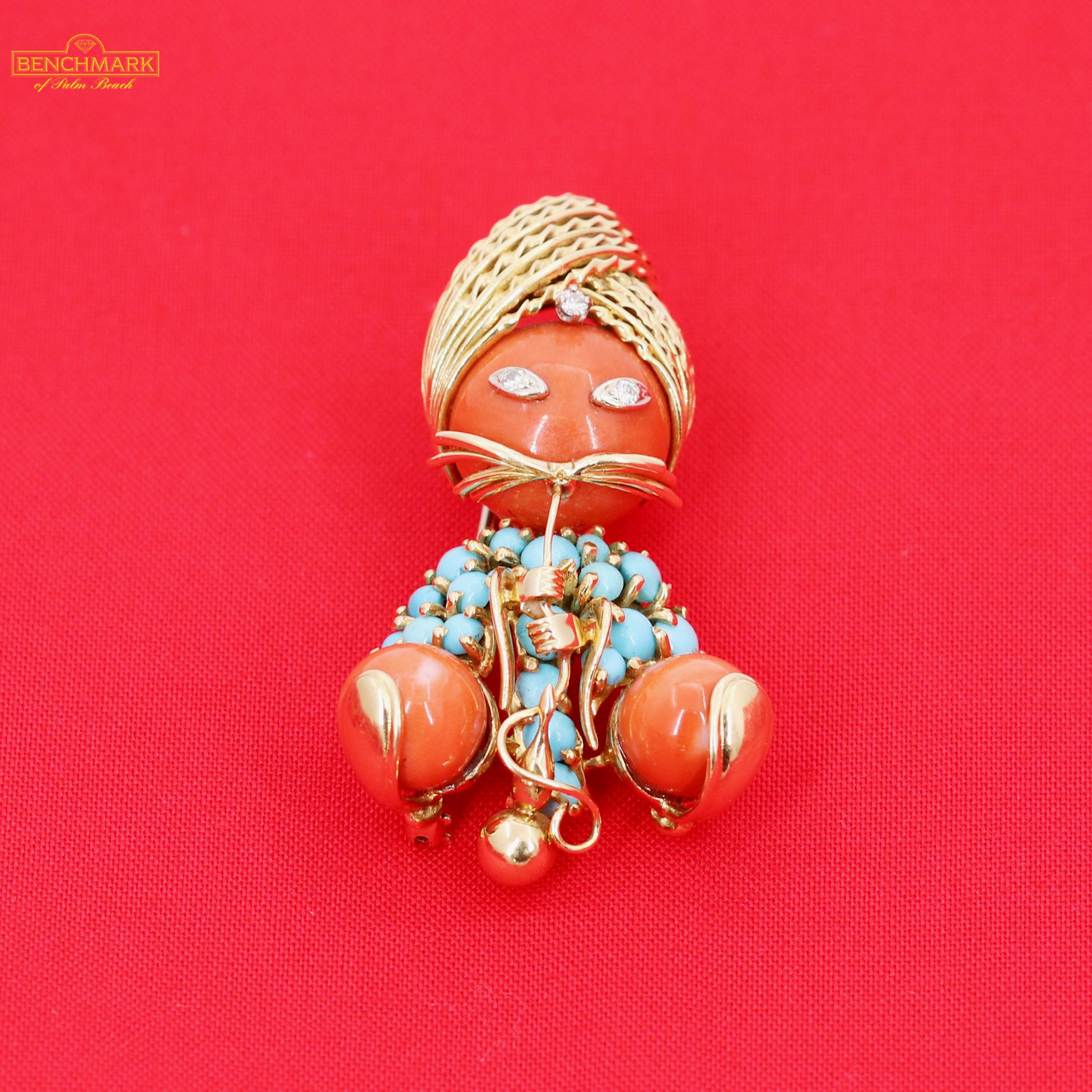 Gold Genie Brooch with Coral and Turquoise In Good Condition In Palm Beach, FL