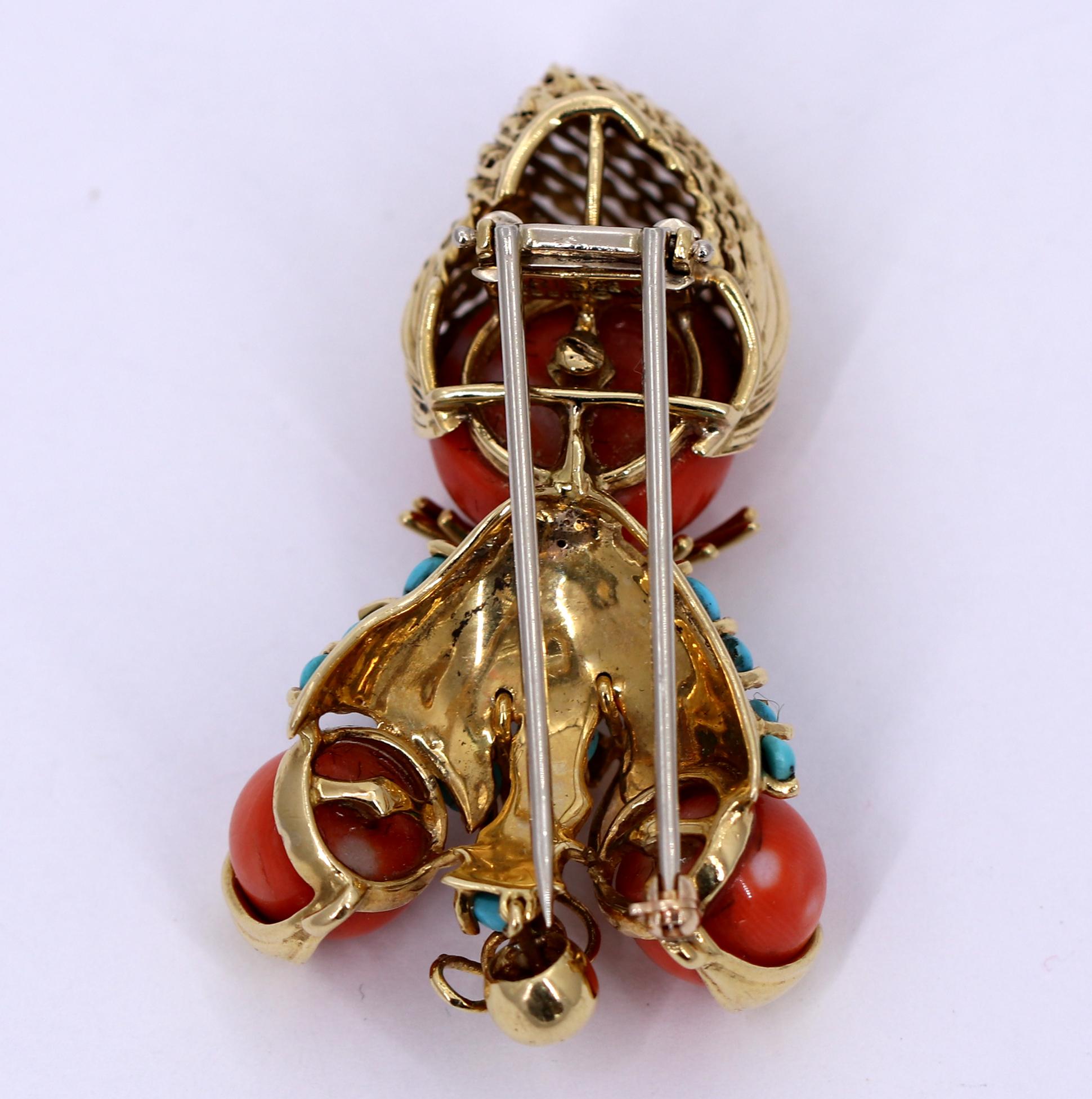 Gold Genie Brooch with Coral and Turquoise 1