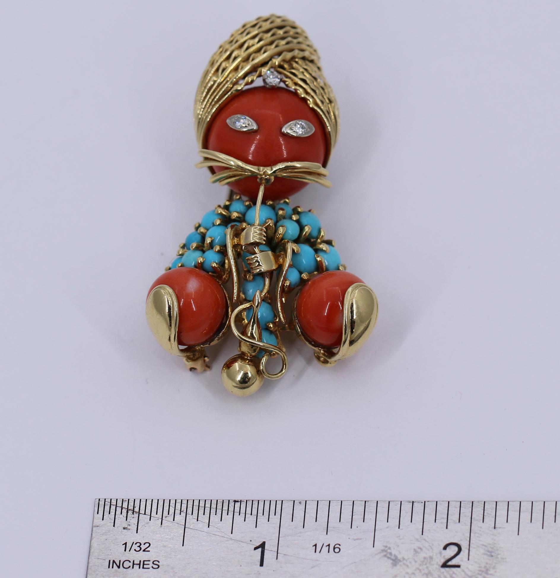 Gold Genie Brooch with Coral and Turquoise 2