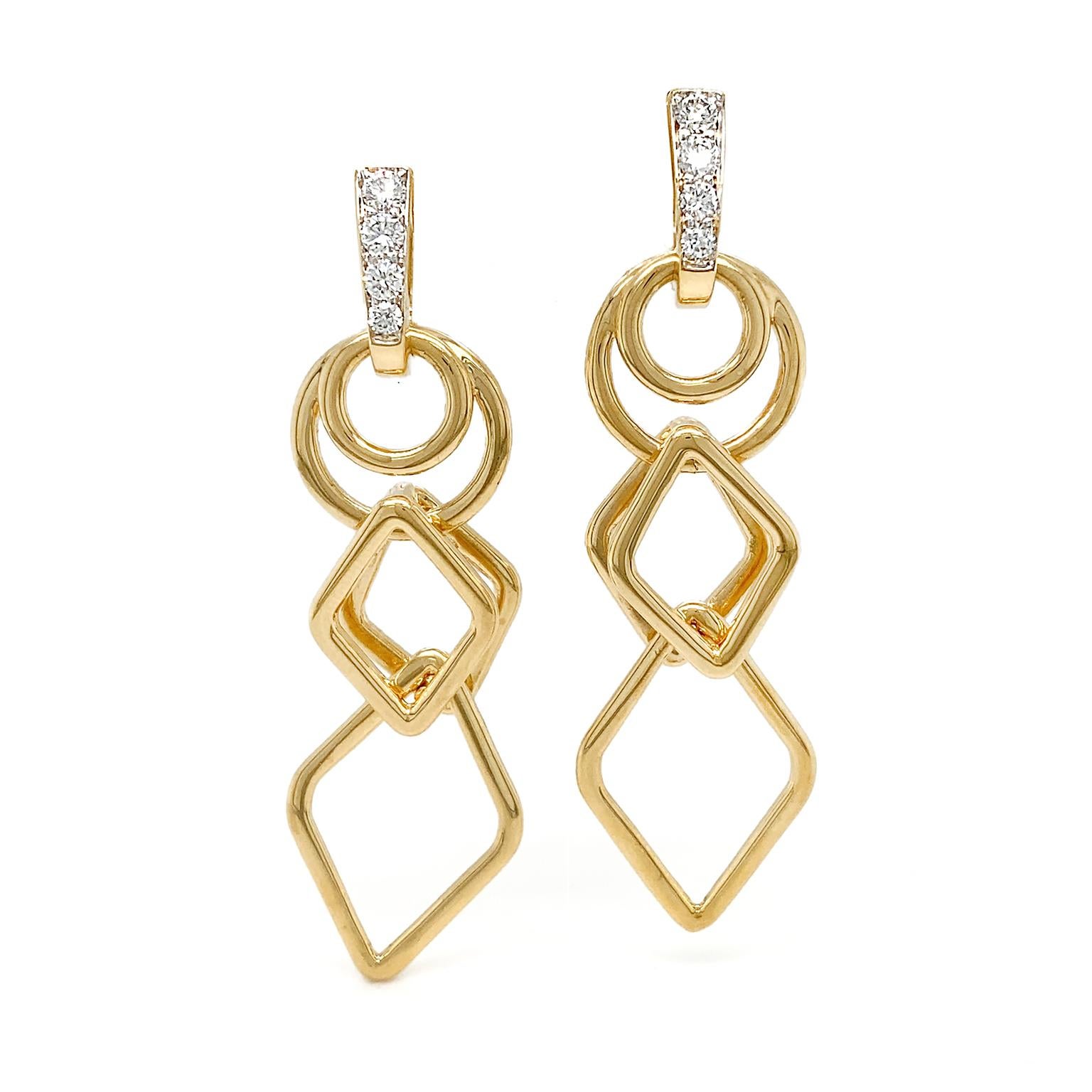 Layers of golden geometric shapes give these drop earrings a dazzling flair. An 18k yellow gold post features pave set brilliant cut diamonds for a flicker of white light to begin the design. It connects to a pair of two hoops, the smaller one in