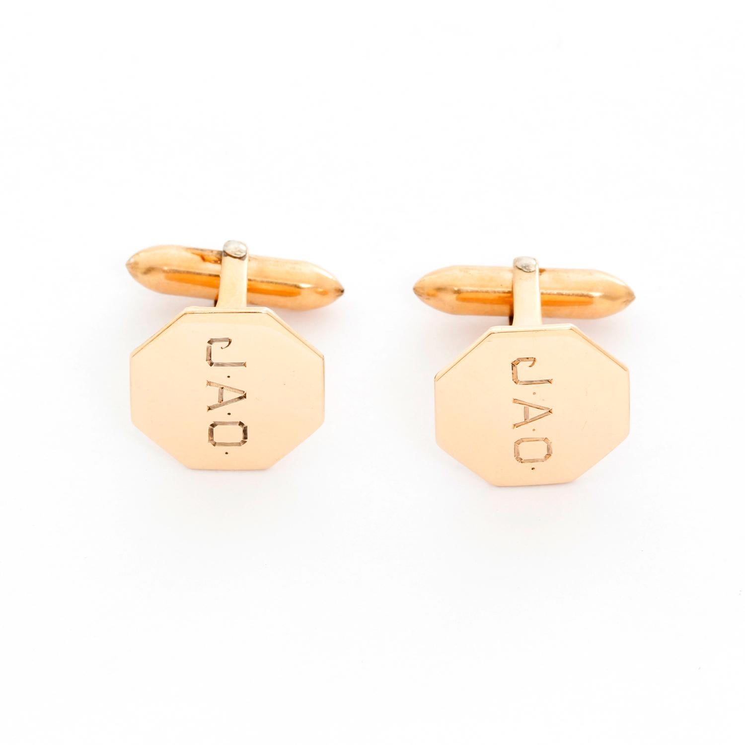 These amazing cufflinks feature a geometric design with engraved initials set in 10k rose gold. Cufflinks measure apx. 9/16-inch in diameter.  Total weight is 5.1 grams.