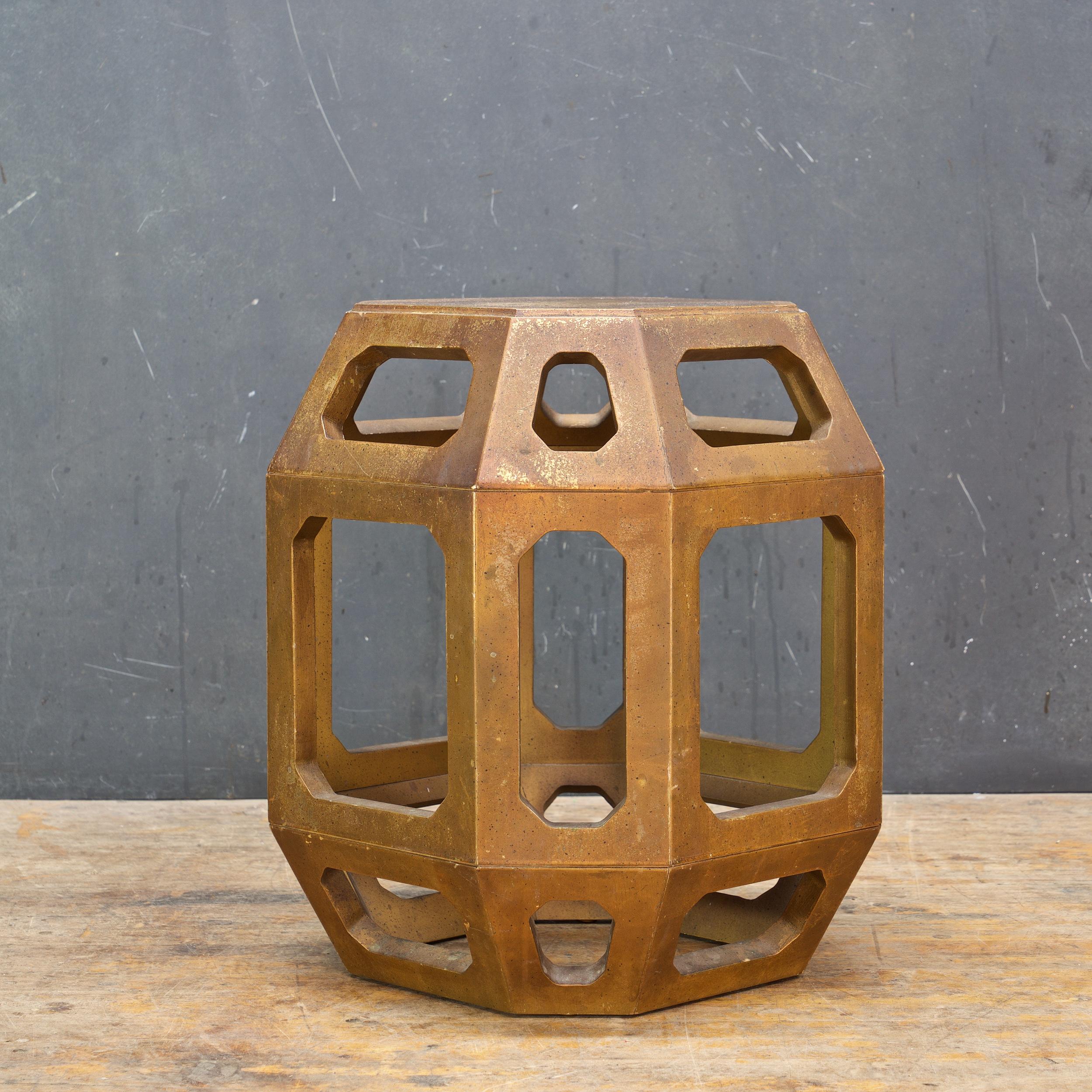 Chinoiserie Gold Geometric Egg Barrel Drum Table Pedestal Brown Bohemian Rustic Cabinmodern