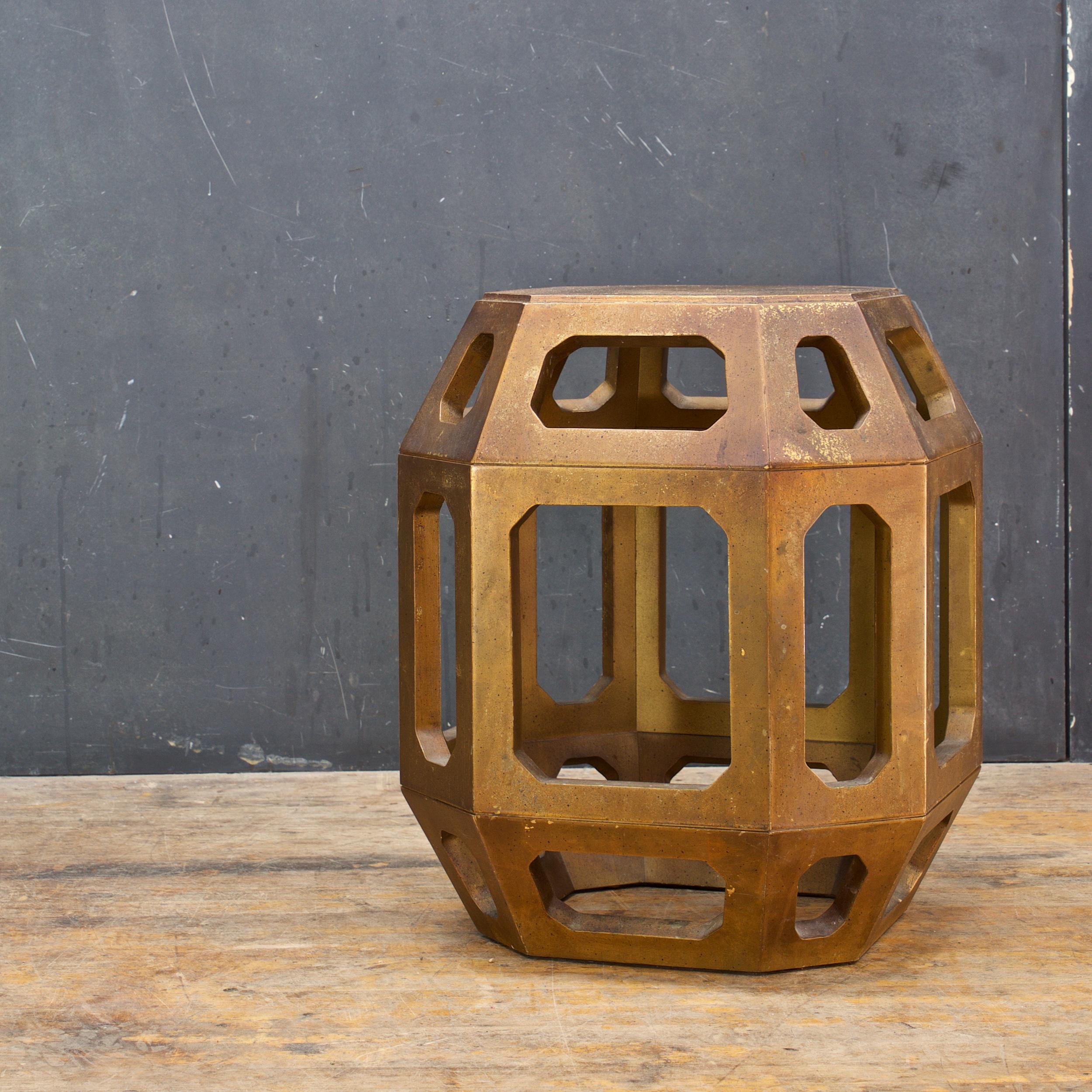 American Gold Geometric Egg Barrel Drum Table Pedestal Brown Bohemian Rustic Cabinmodern