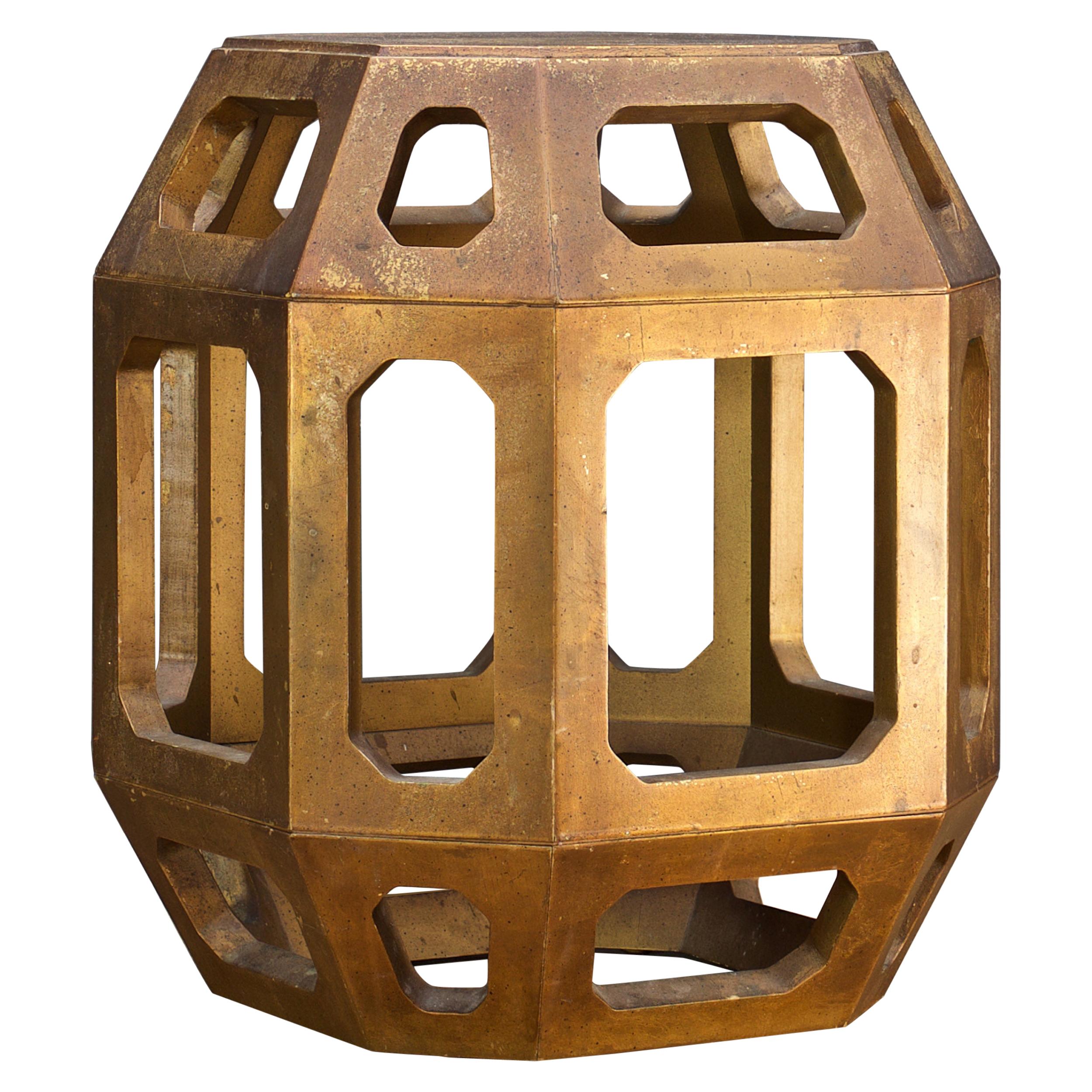 Gold Geometric Egg Barrel Drum Table Pedestal Brown Bohemian Rustic Cabinmodern