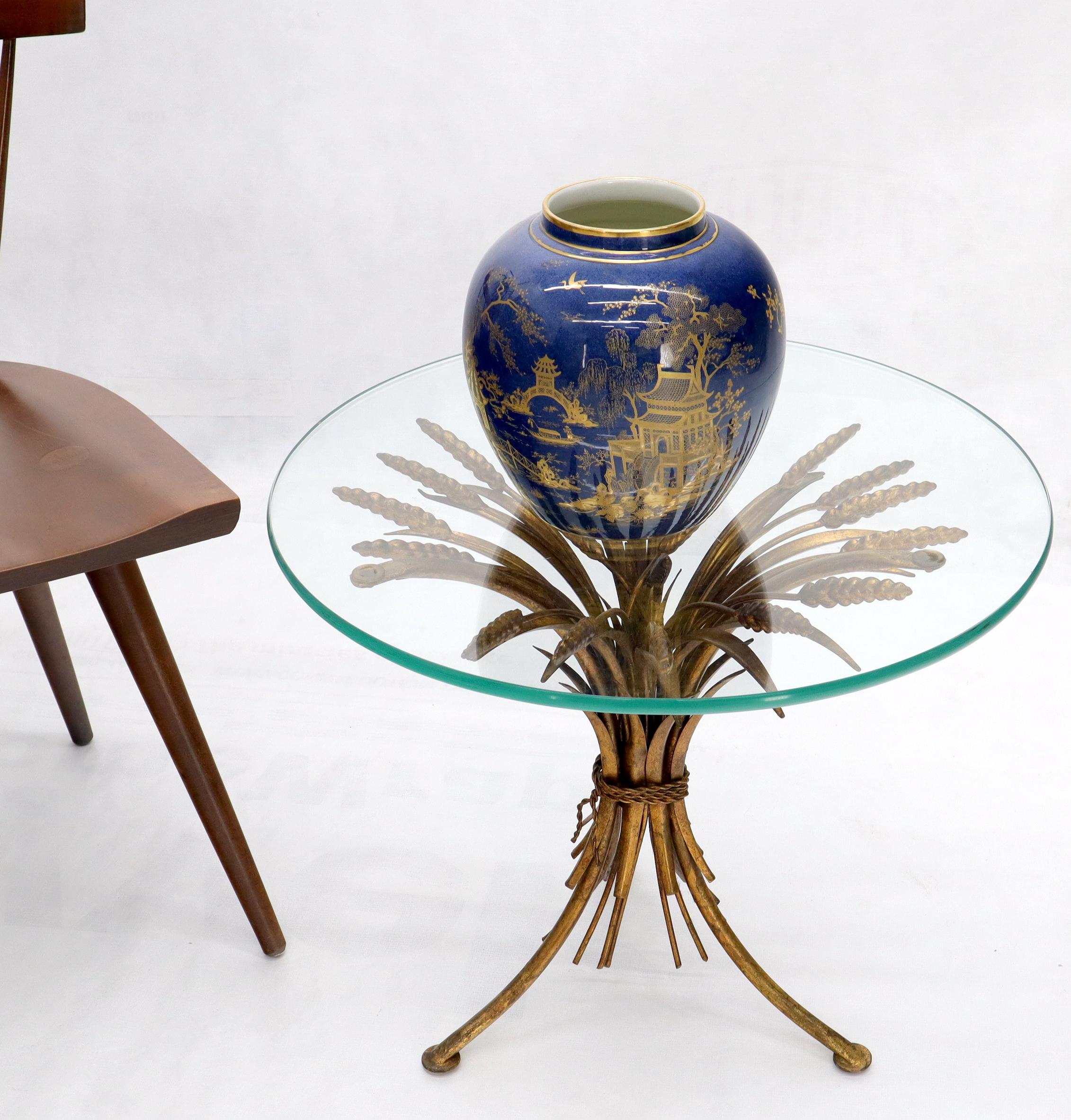 20th Century Gold Gild Metal Wheat Sheaf Round Glass Top Side Occasional Table Stand For Sale