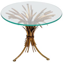 Support de table d'appoint en métal doré et doré en forme de gerbe de blé avec plateau en verre rond