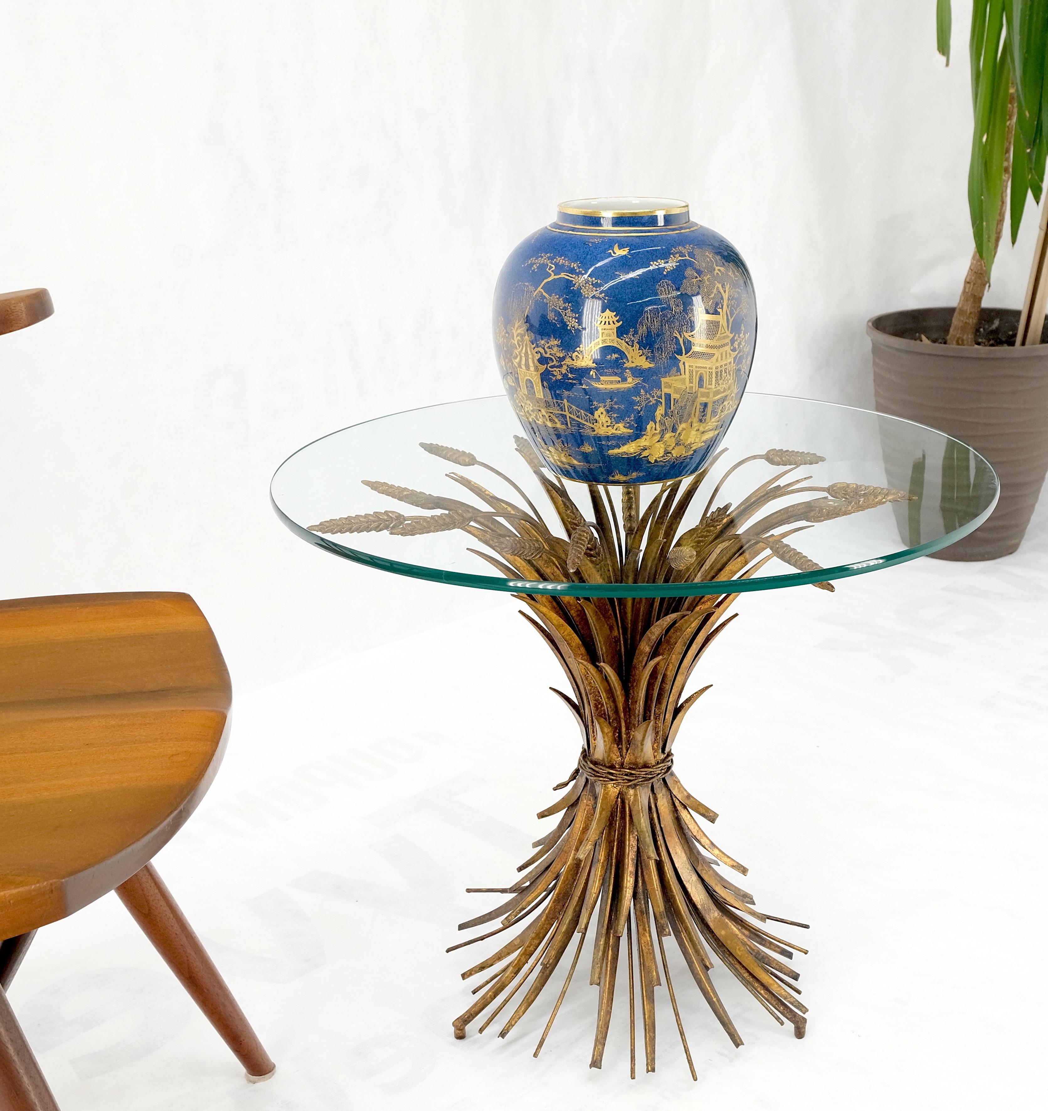 Gold Gild Metal Wheat Sheaf Round Glass Top Side Occasional Table Stand MINT! 5