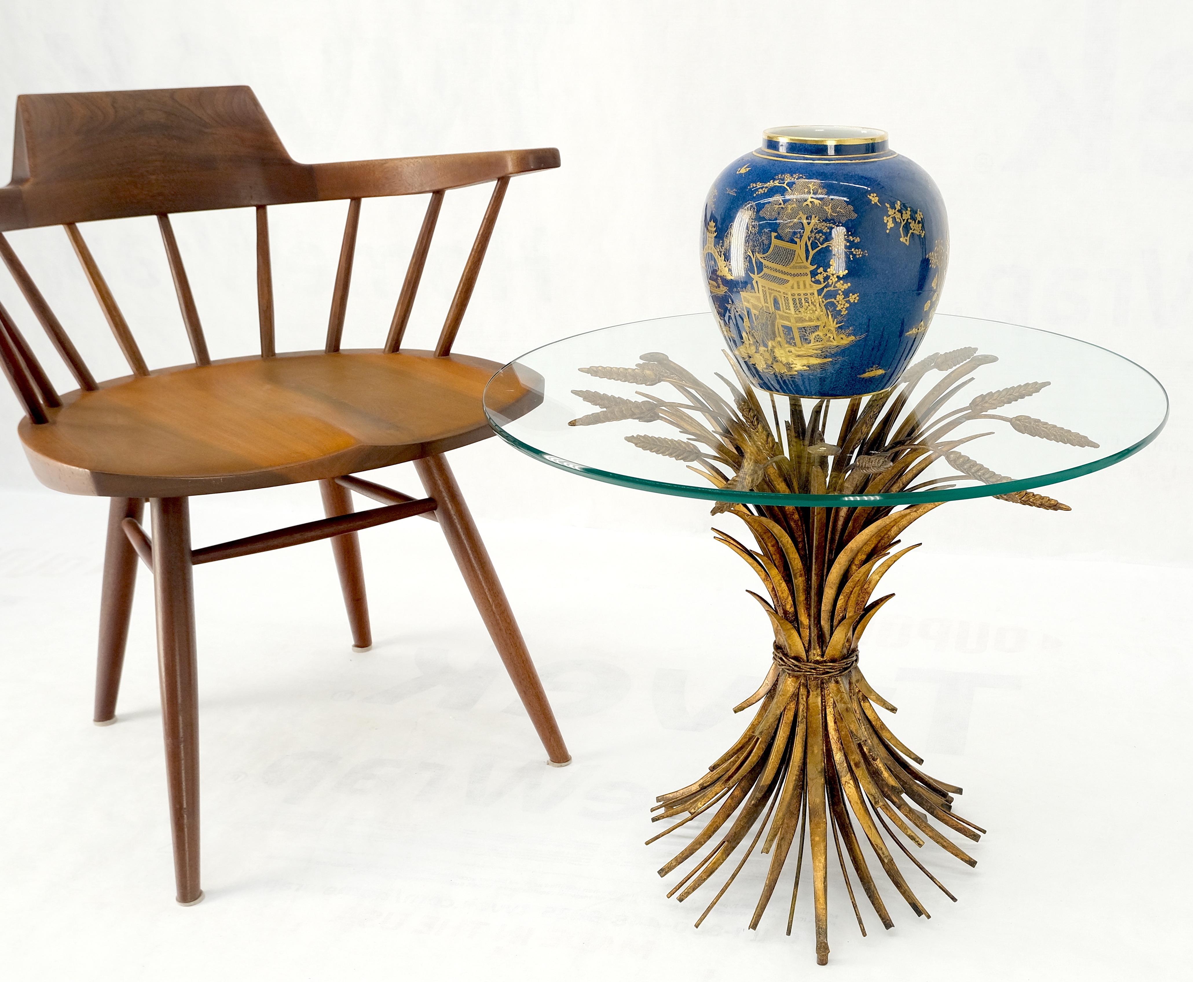Mid-Century Modern Gold Gild Metal Wheat Sheaf Round Glass Top Side Occasional Table Stand MINT!