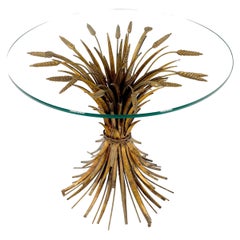 Gold Gild Metal Wheat Sheaf Round Glass Top Side Occasional Table Stand MINT!