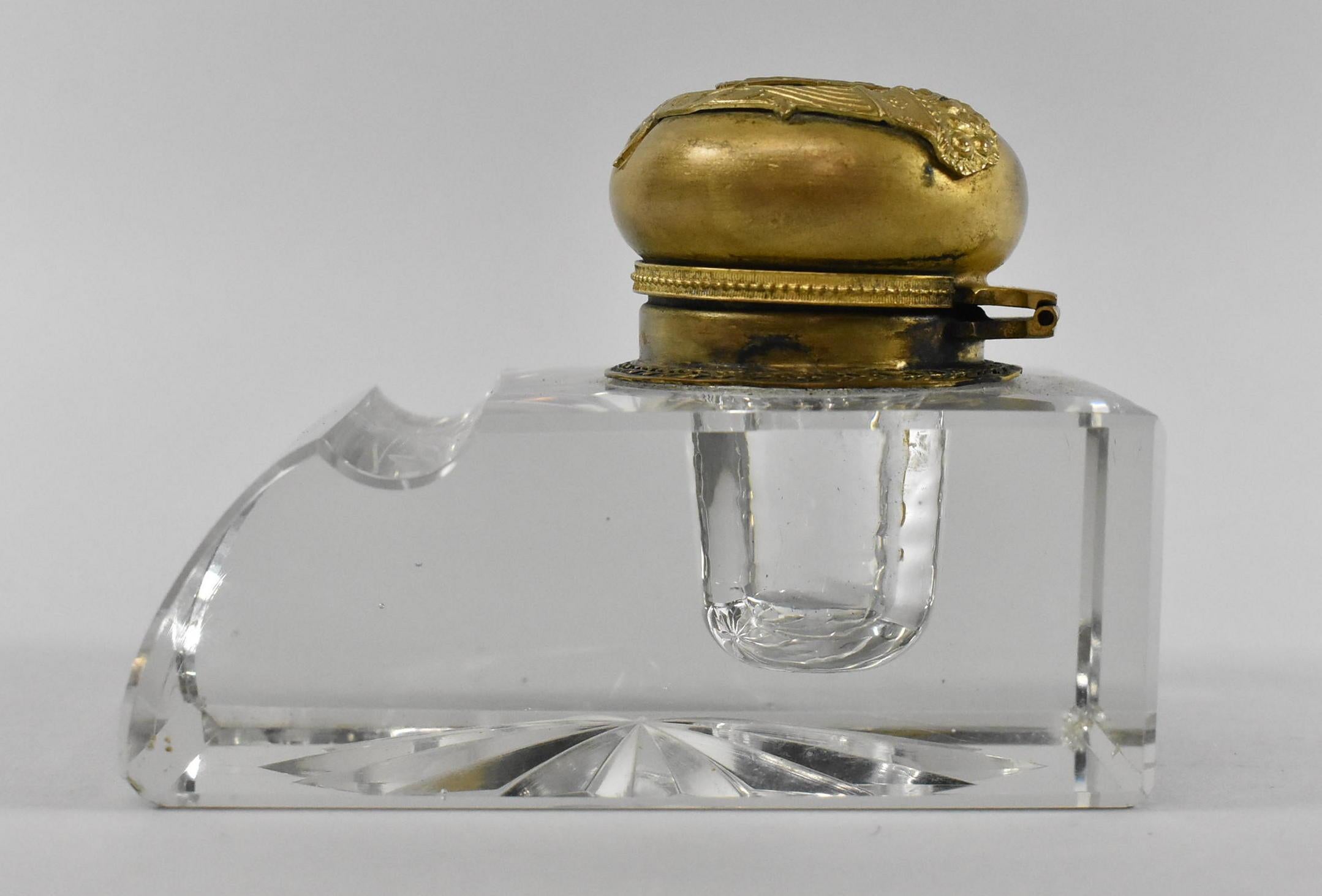 Gold Gilded French Cut Glass Inkwell Hera with Peacock, Eagle Relief For Sale 2