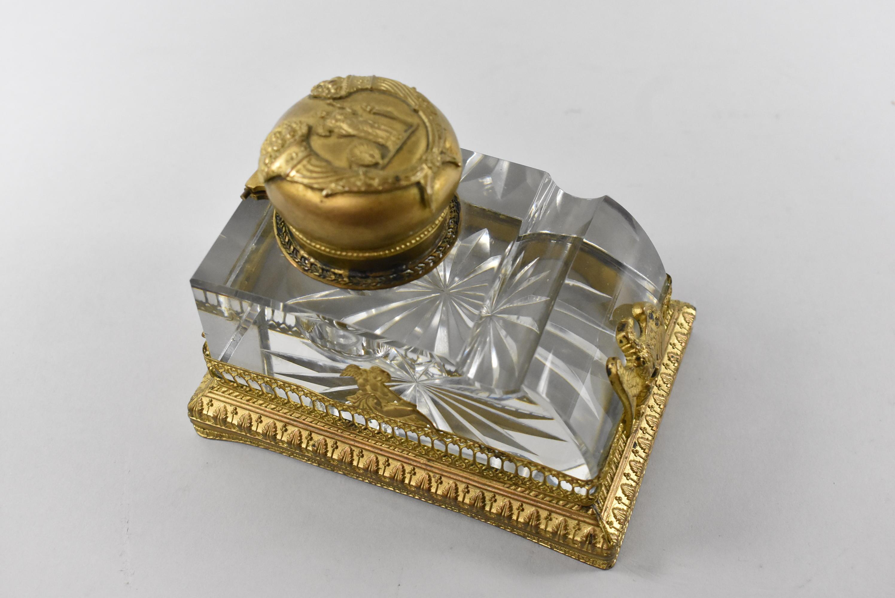 Neoclassical Revival Gold Gilded French Cut Glass Inkwell Hera with Peacock, Eagle Relief For Sale